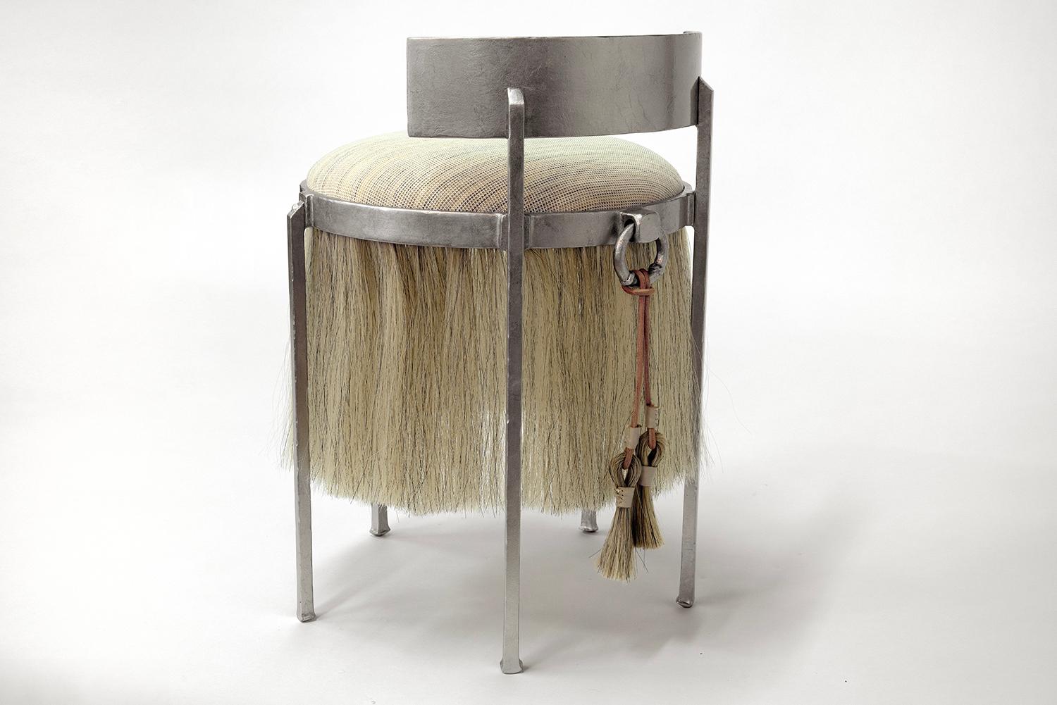 HORSECHAIR NO. 3
J.M. Szymanski
d. 2024
19’’ L 19’’ W 21.5’’ H (overall chair height at 27’’ H / back height at 4’’H) 

Horsehair textile and palladium leaf are combined to create an exciting juxtaposition of elements. 
 
Available in creme, brown,