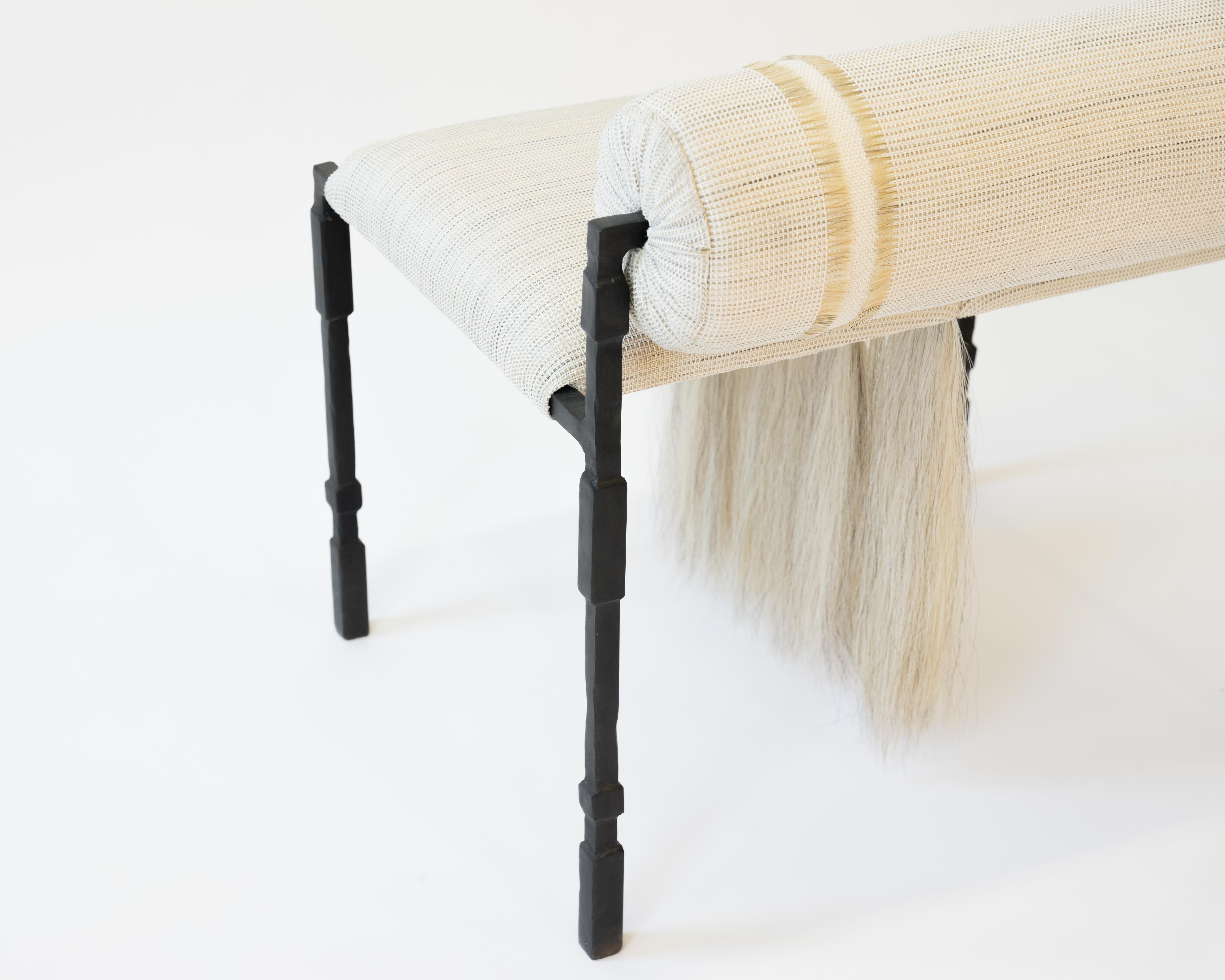 Blackened Side Chair Modern Medieval Handmade Horsehair Iron Handwoven Fringe Accent Mane For Sale