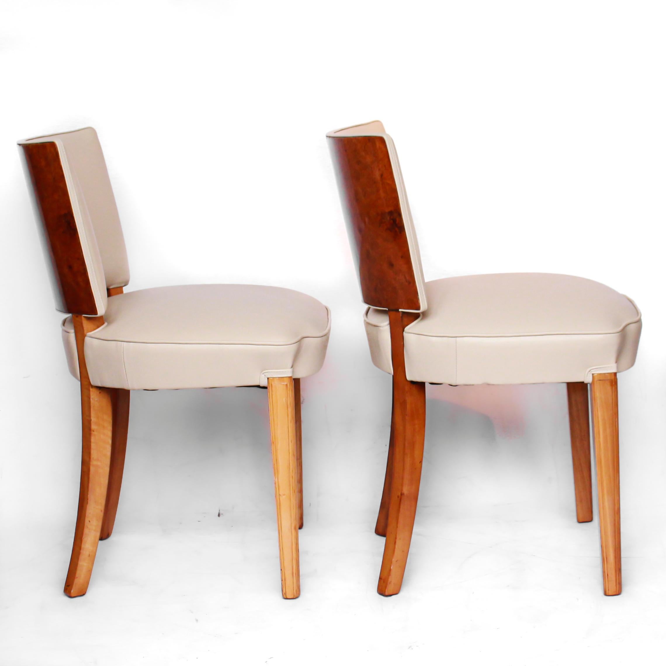 English A Pair of Art Deco Side Chairs Solid and Veneered Walnut Cream Leather 1930's