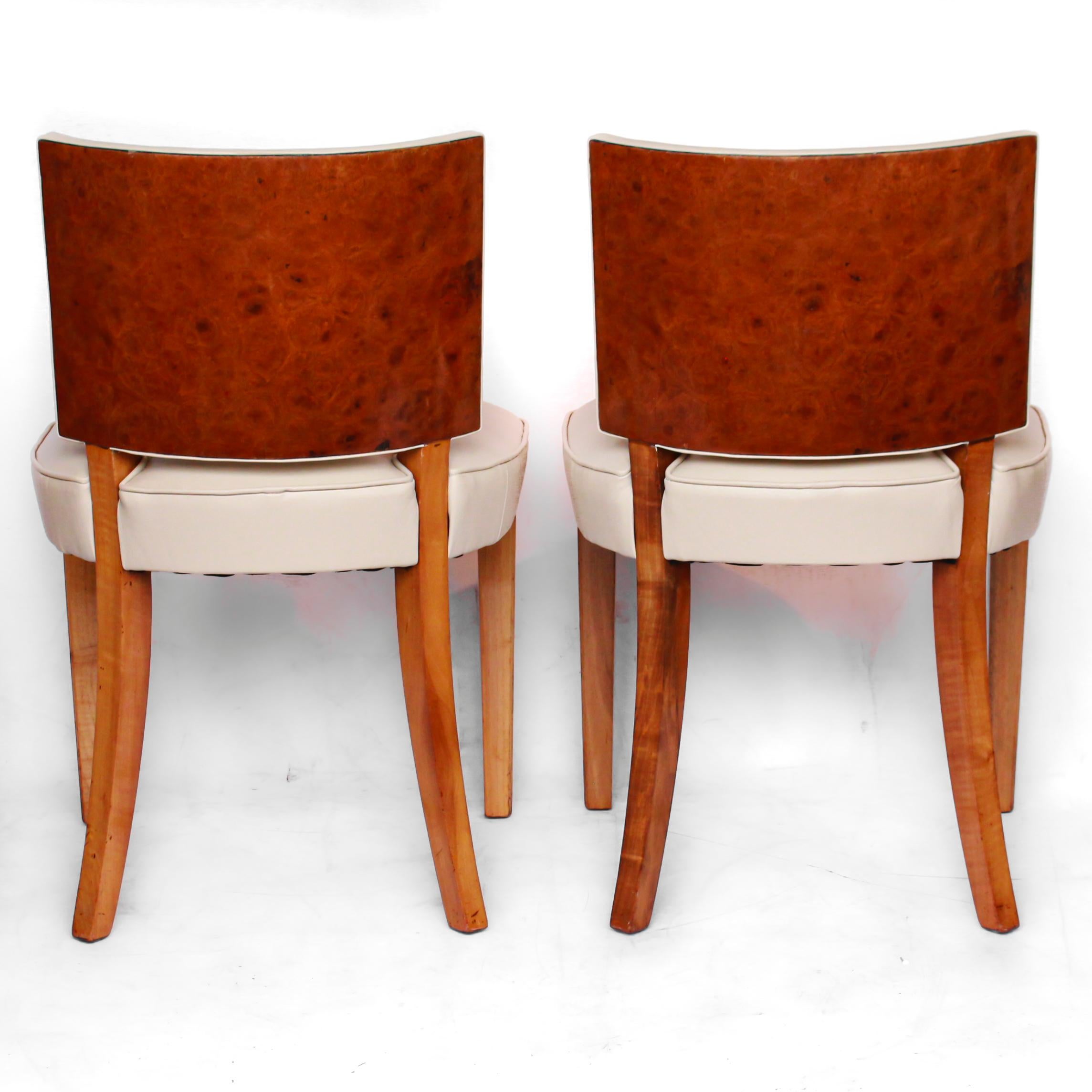 Mid-20th Century A Pair of Art Deco Side Chairs Solid and Veneered Walnut Cream Leather 1930's