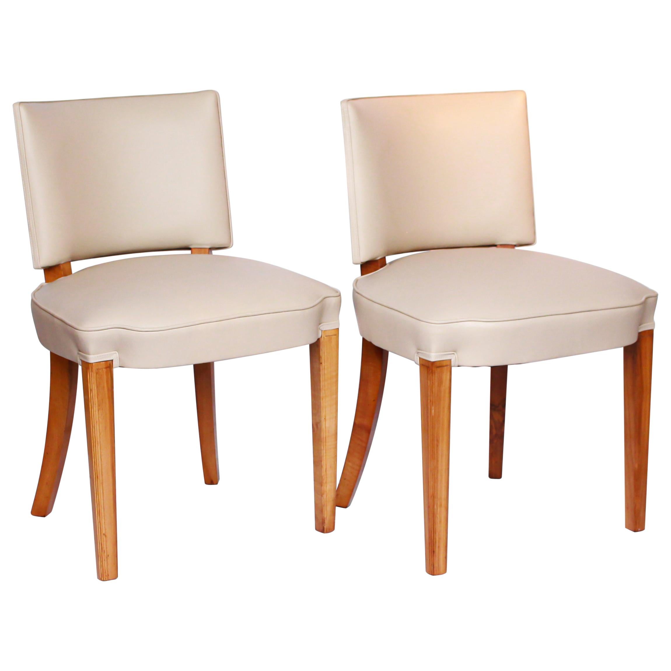 A Pair of Art Deco Side Chairs Solid and Veneered Walnut Cream Leather 1930's