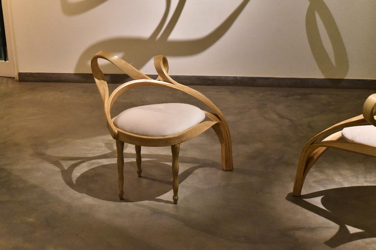 Woodwork Side chairs, Wooden Stool, with velvet Upholstery, Chair No. 5 - Vrksa Series For Sale