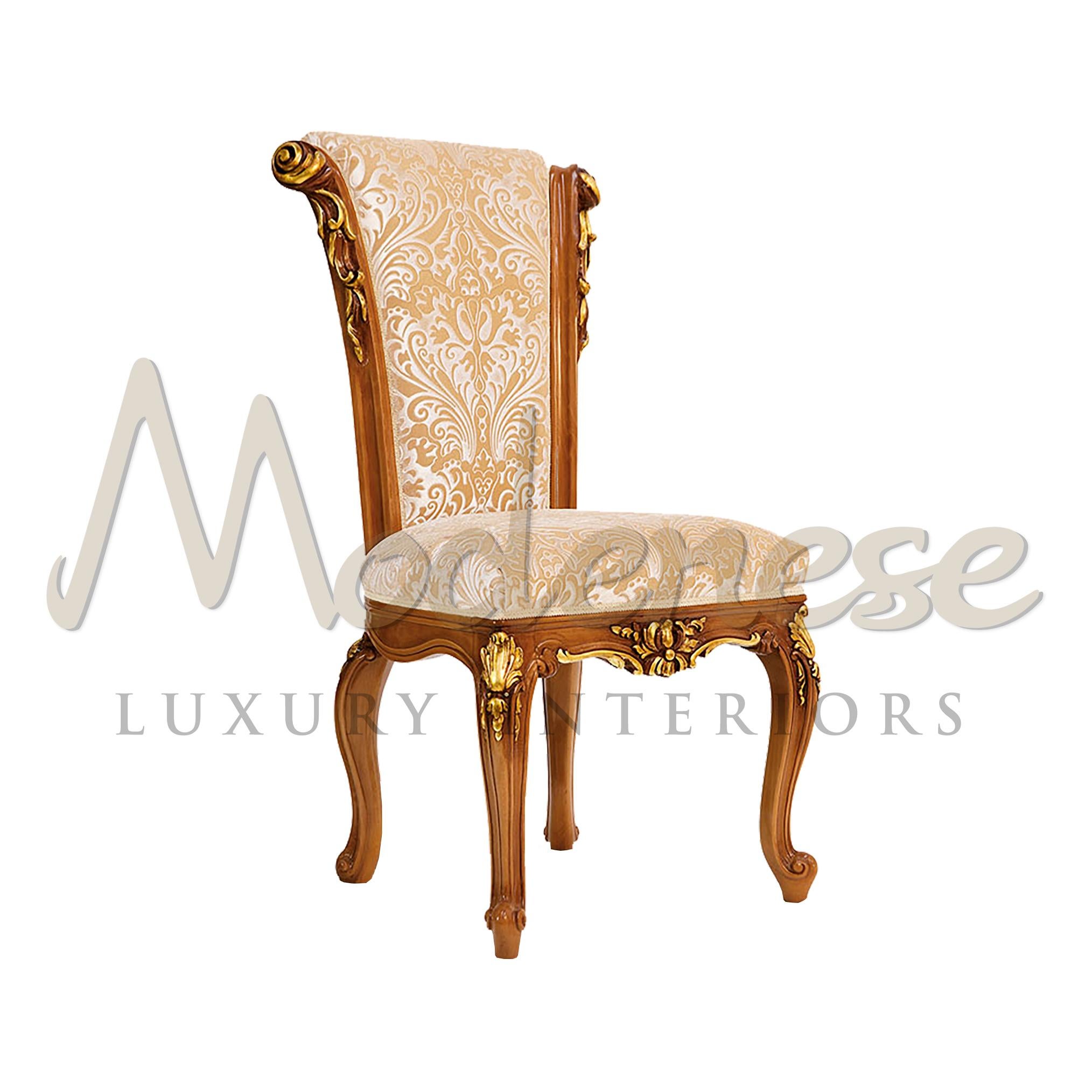 Embellish your dining room with a curved-lines neoclassical side chair by Modenese Luxury Interiors. This refined seating element, commonly used in bespoke interior projects, presents hand-made gold leaf decorated carved details standing on a
