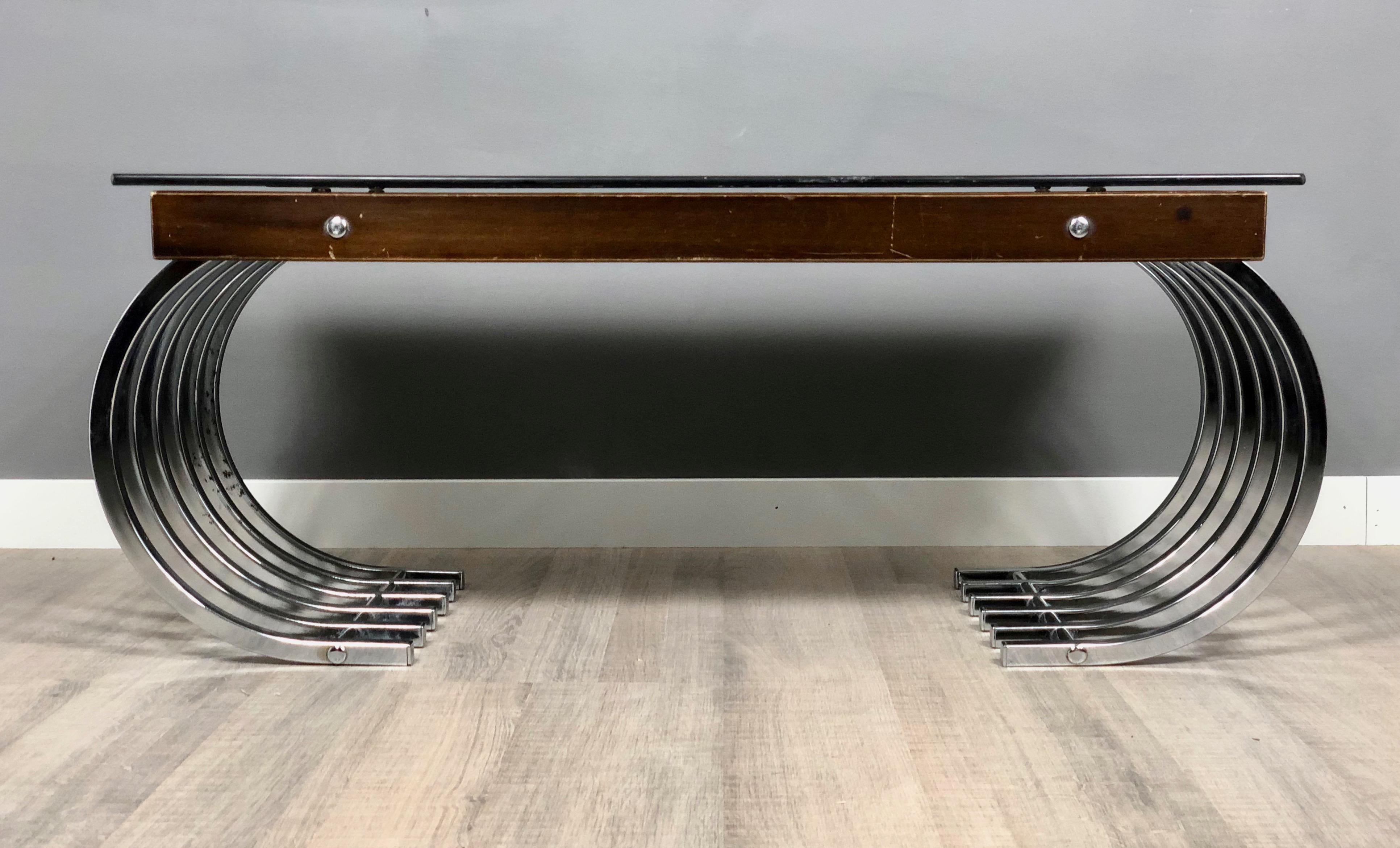 Mid-Century Modern Side Coffee Table in Wood, Chrome and Smoked Glass, Italy, 1970s For Sale