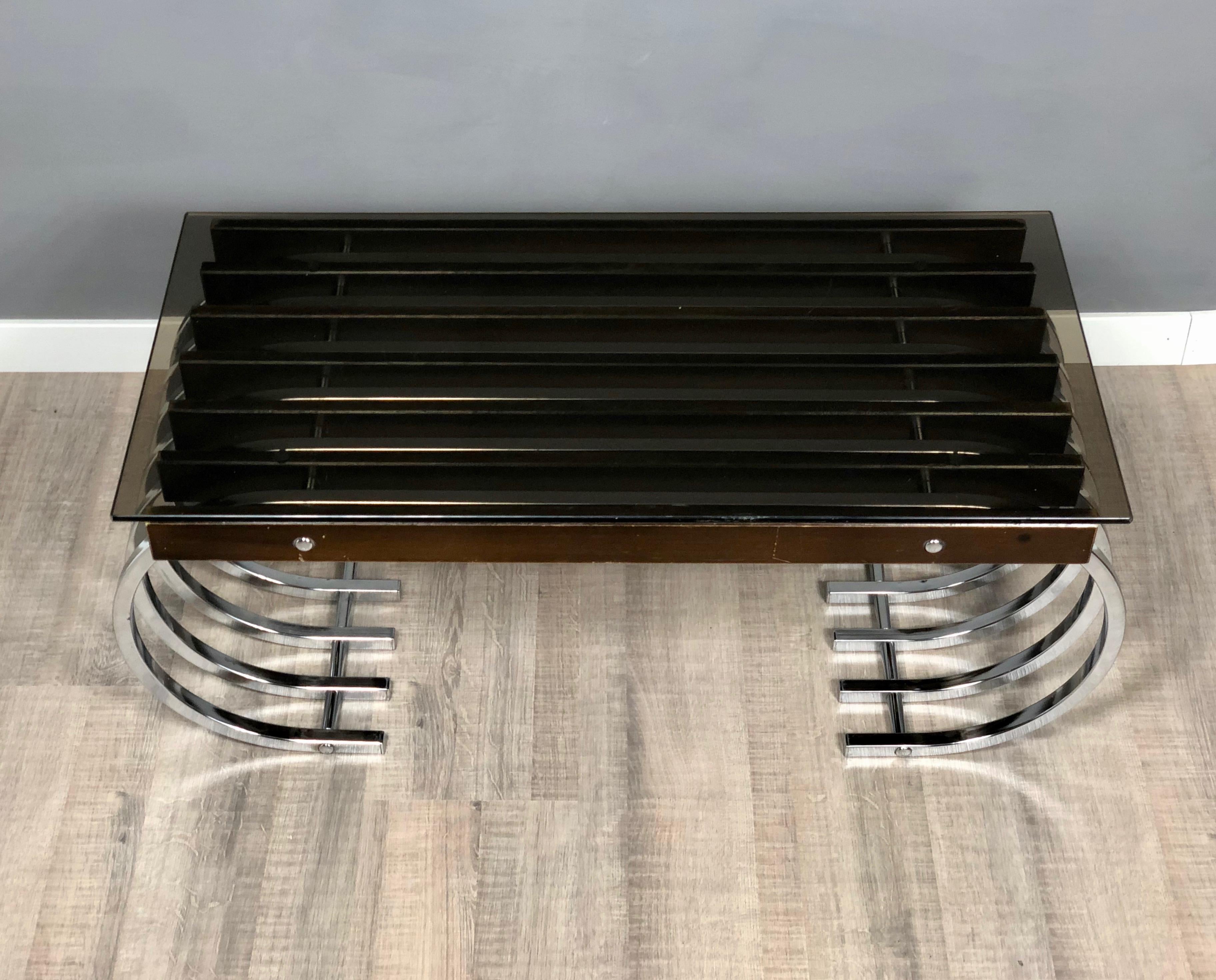 Italian Side Coffee Table in Wood, Chrome and Smoked Glass, Italy, 1970s For Sale