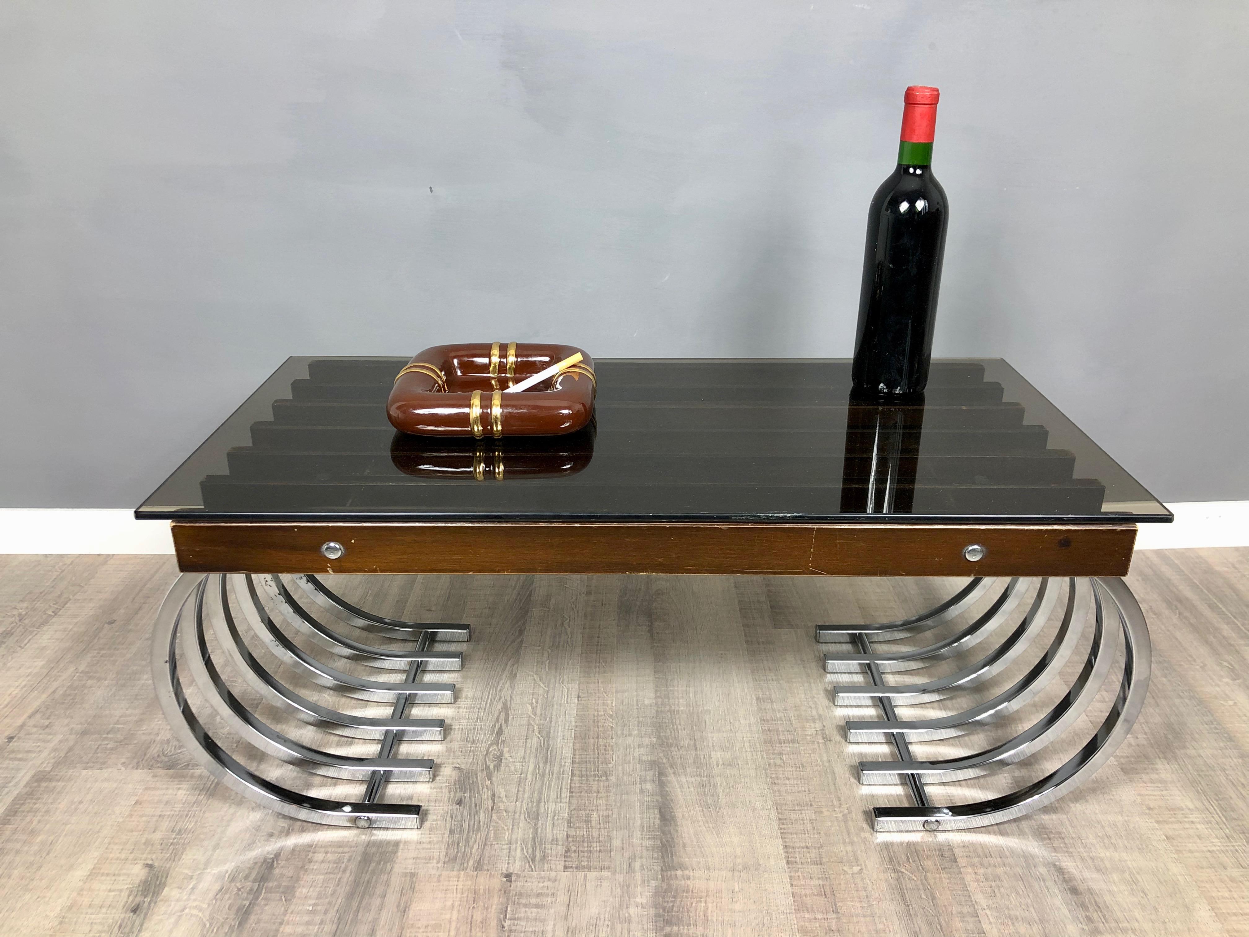 Late 20th Century Side Coffee Table in Wood, Chrome and Smoked Glass, Italy, 1970s For Sale