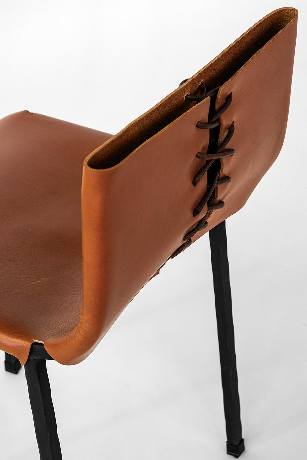 American Side/Dining Chair Modern/Contemporary Hand Made in Blackened Steel & Leather For Sale