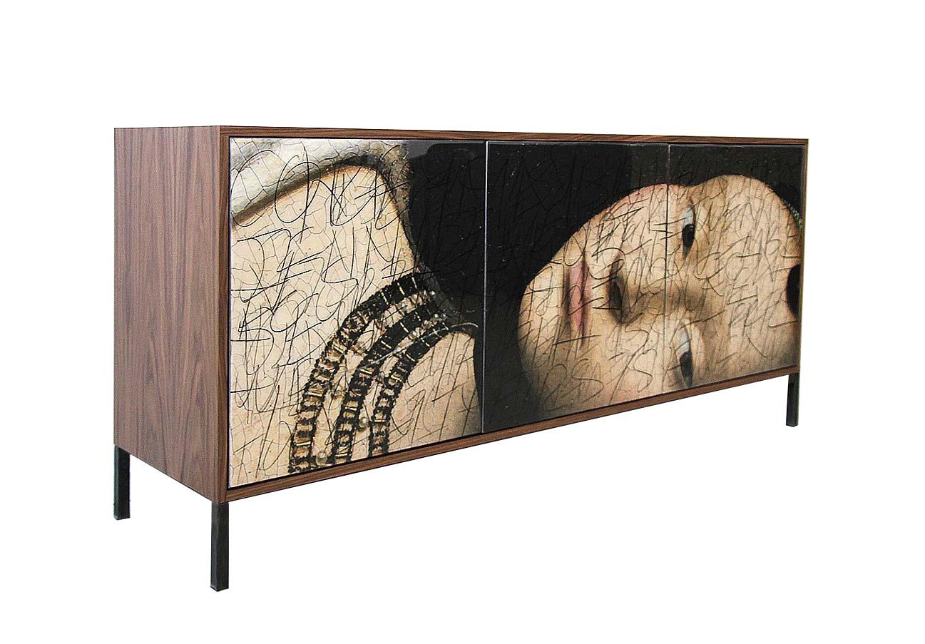 Modern Side Eye Cabinet by Morgan Clayhall, mix media artwork on doors For Sale