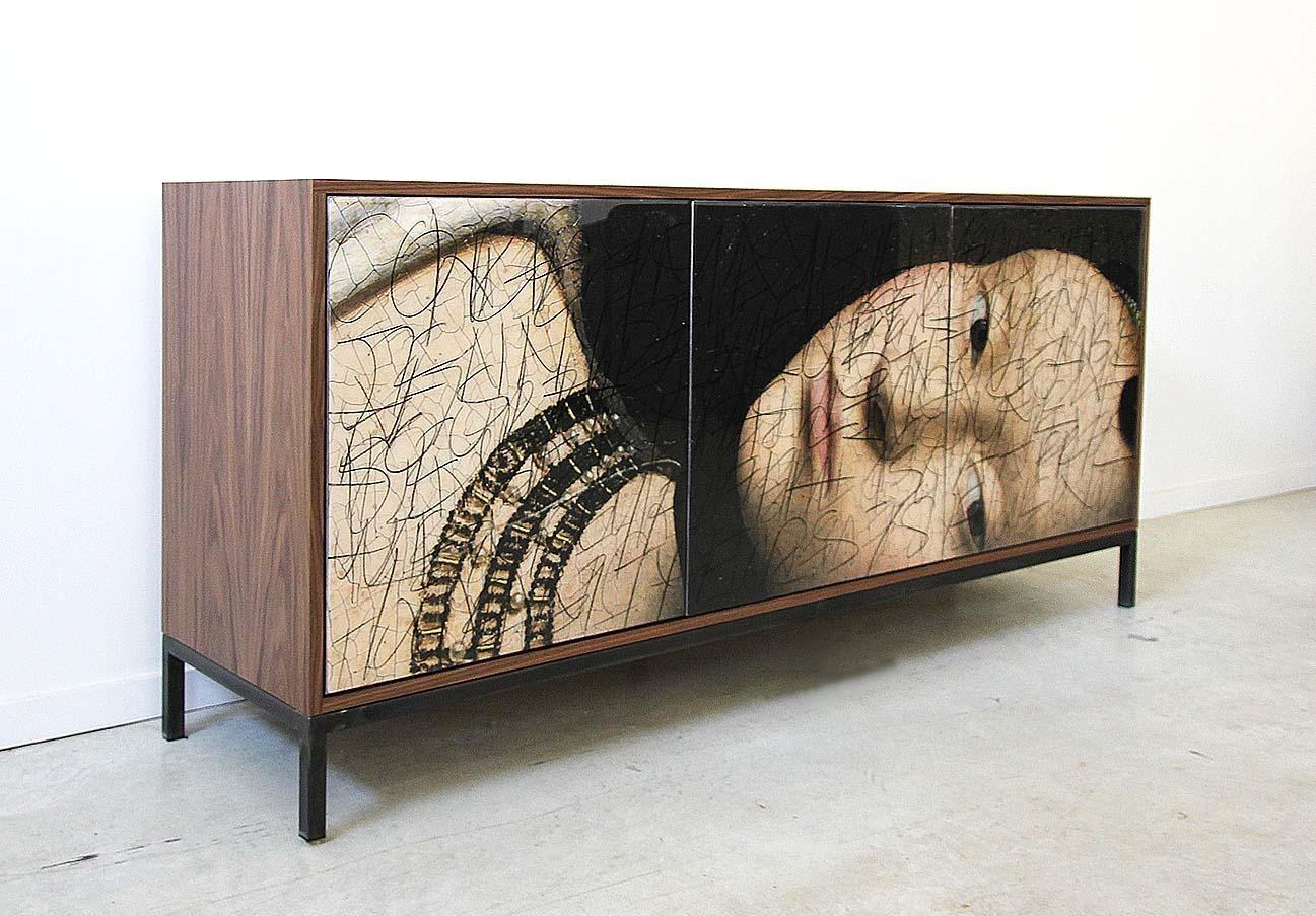 Canadian Side Eye Cabinet by Morgan Clayhall, mix media artwork on doors For Sale