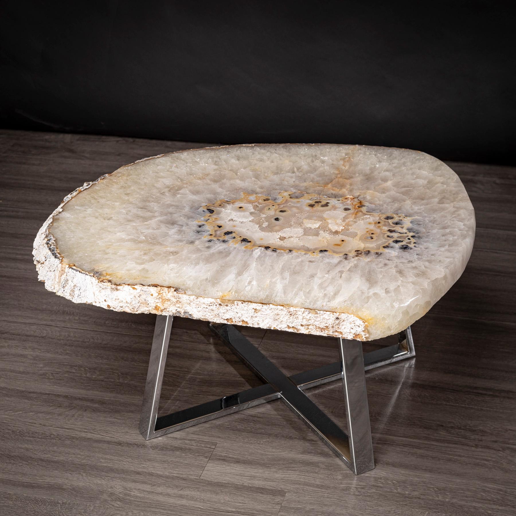 Organic Modern Side or Center Table, Brazilian Agate with Nickel Finish Metal Base For Sale