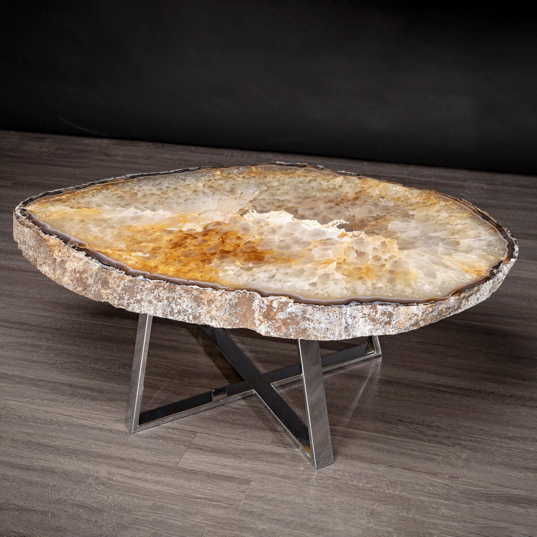 Organic Modern Side or Center Table, Brazilian Agate with Nickel Finish Metal Base
