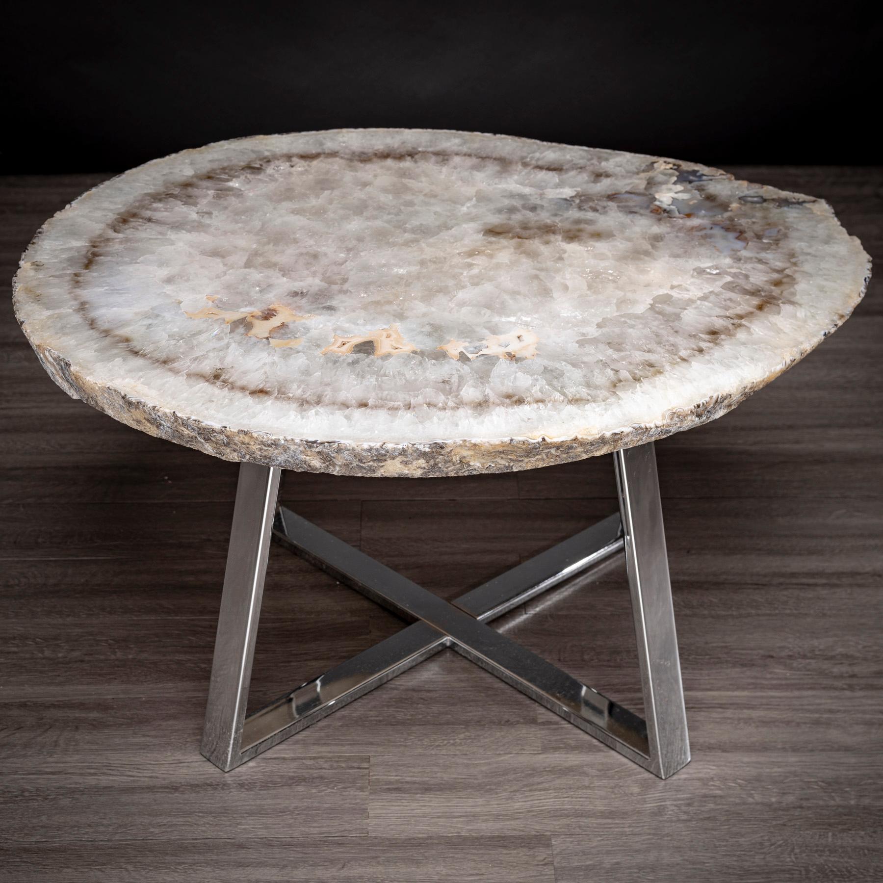Mexican Side or Center Table, Brazilian Agate with Nickel Finish Metal Base For Sale