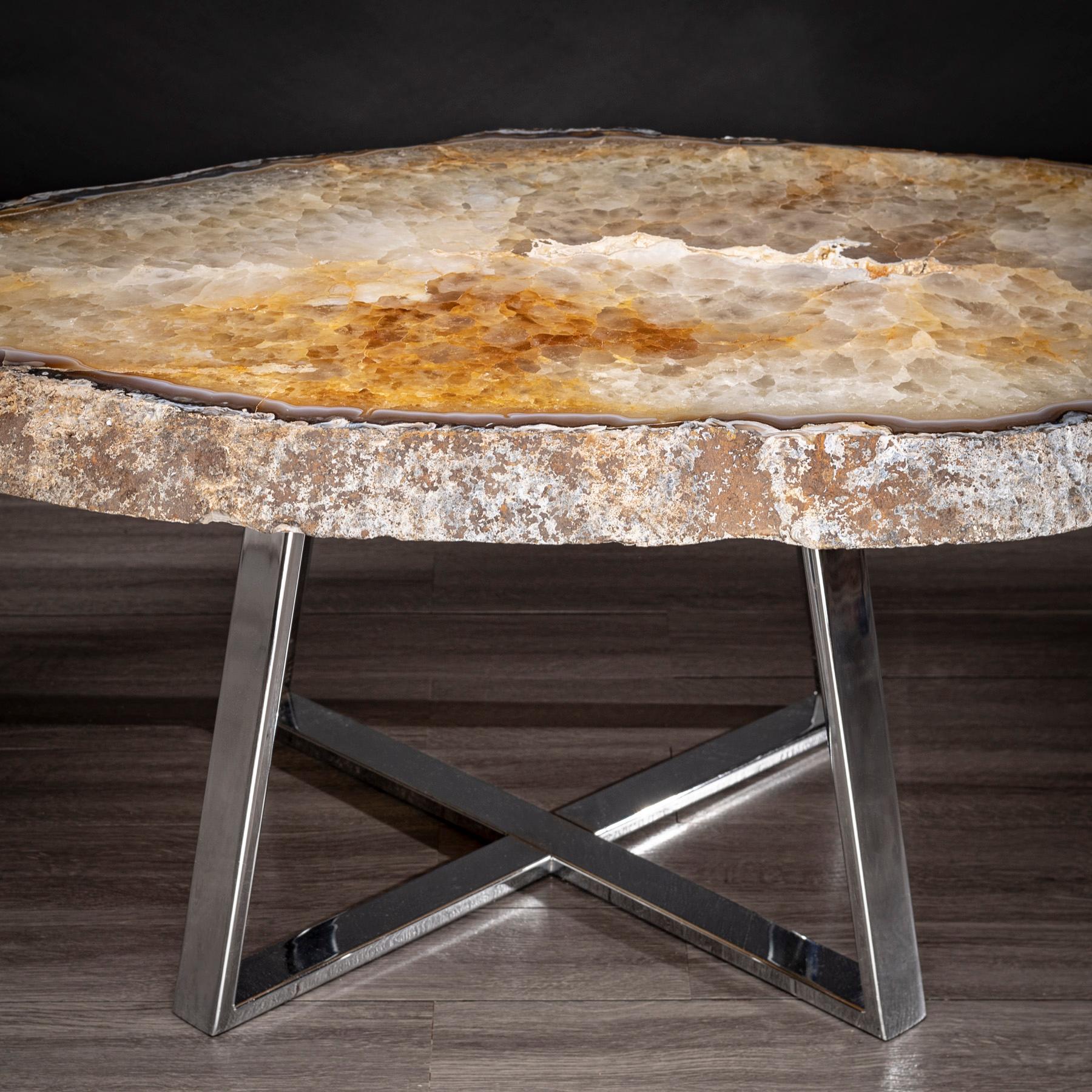 Mexican Side or Center Table, Brazilian Agate with Nickel Finish Metal Base