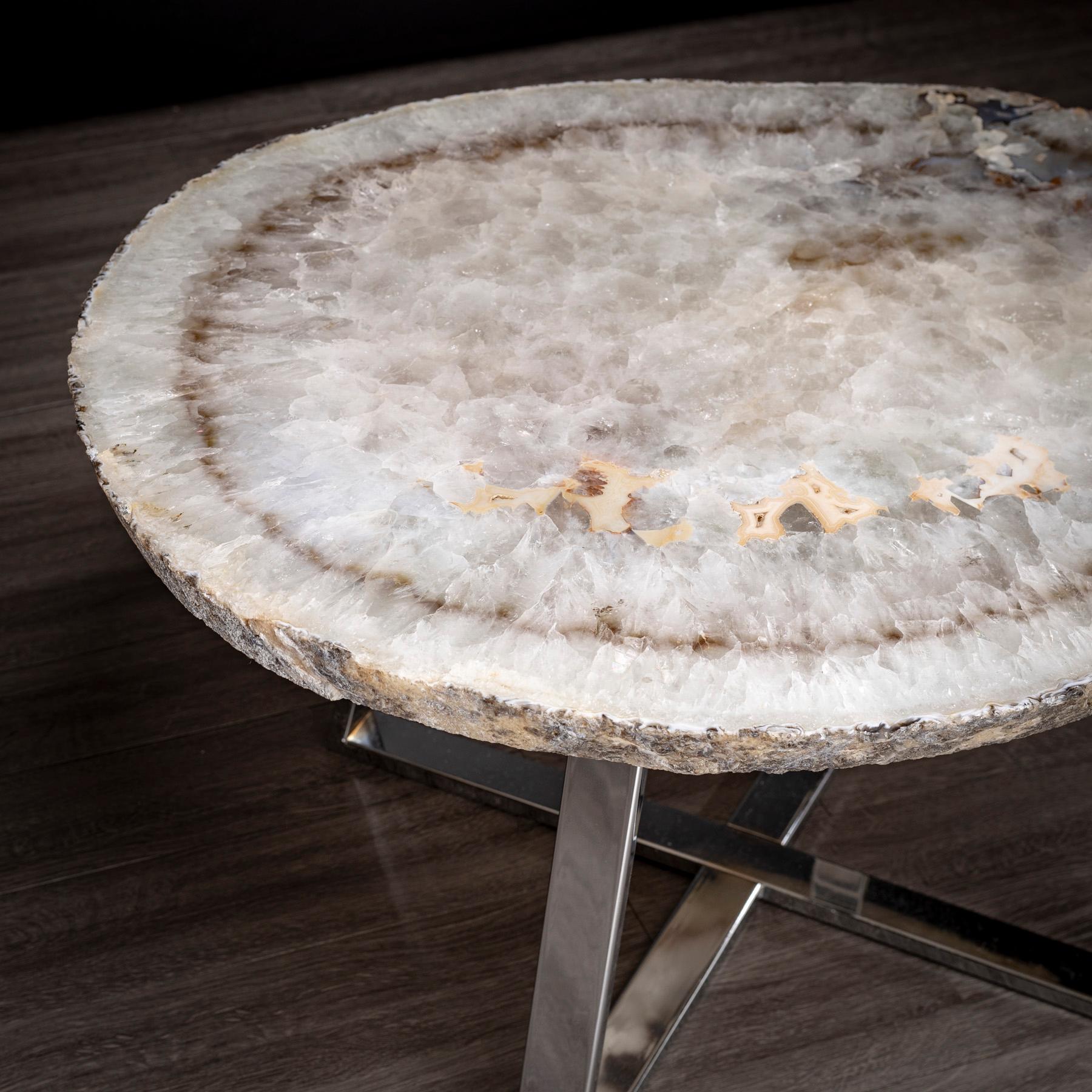 Polished Side or Center Table, Brazilian Agate with Nickel Finish Metal Base For Sale