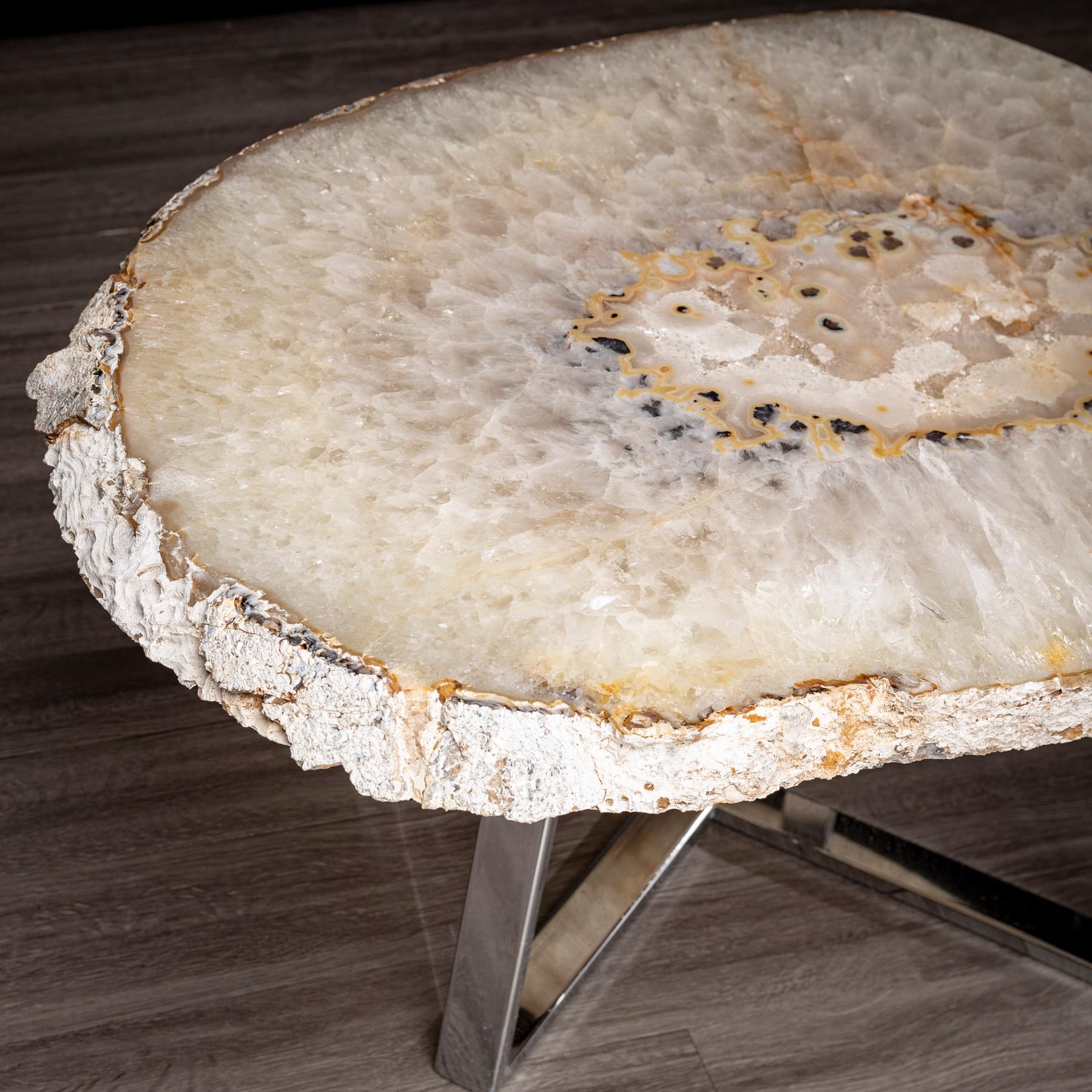 Polished Side or Center Table, Brazilian Agate with Nickel Finish Metal Base For Sale