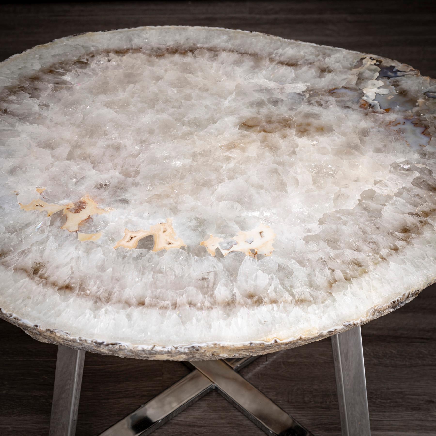 Contemporary Side or Center Table, Brazilian Agate with Nickel Finish Metal Base For Sale