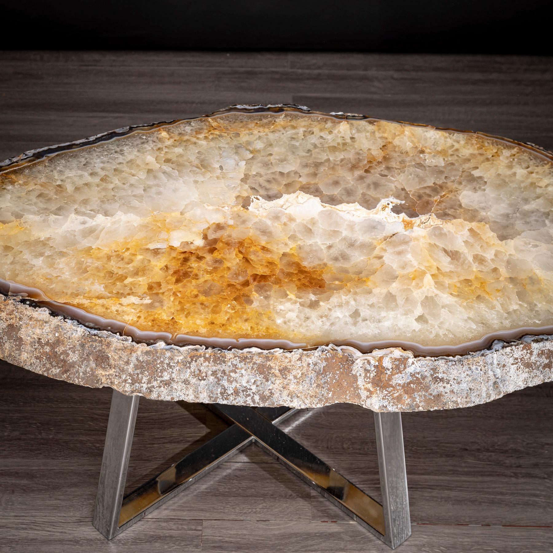 Contemporary Side or Center Table, Brazilian Agate with Nickel Finish Metal Base