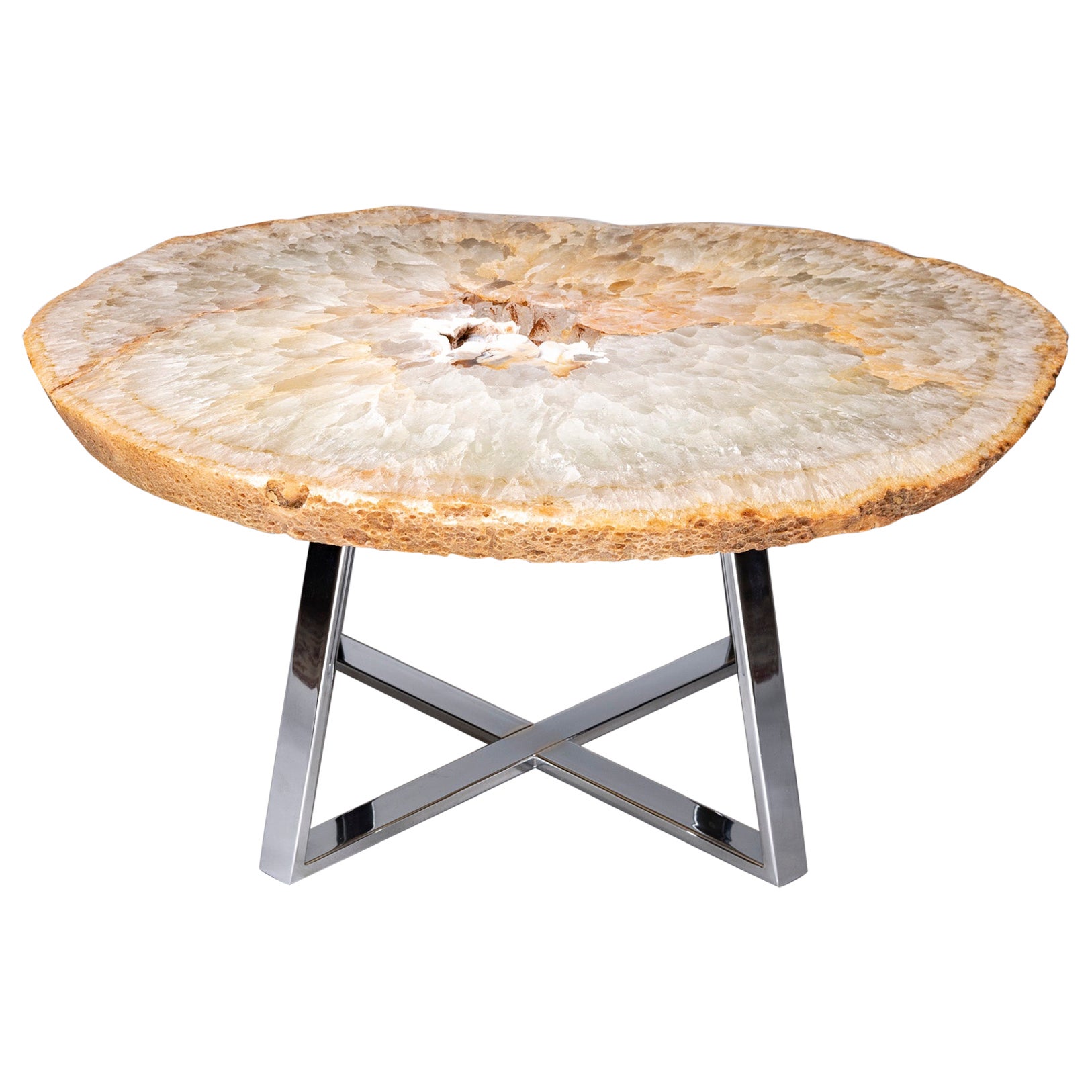 Table d'appoint ou de centre, agate brésilienne avec base en métal nickelé