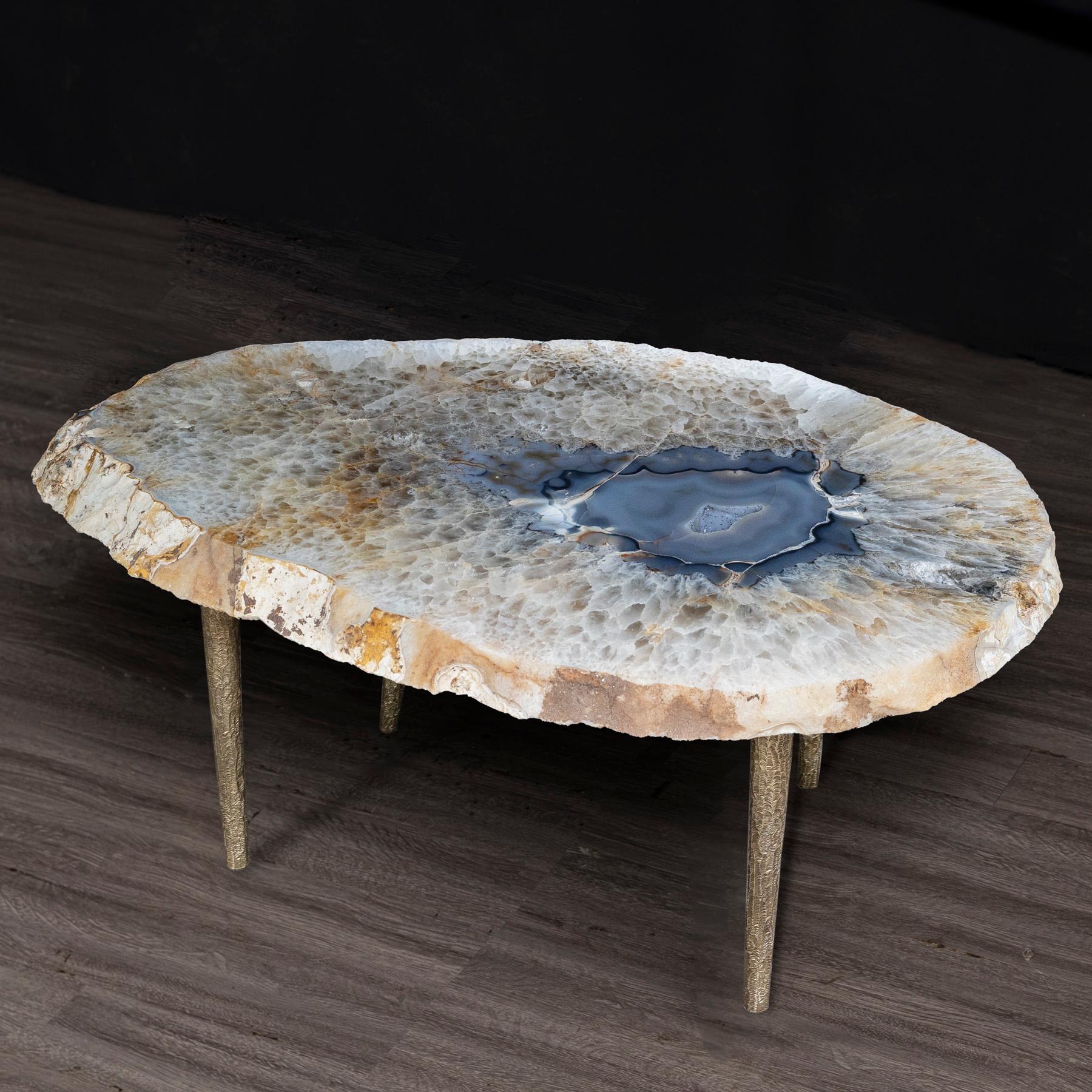 Organic Modern Side or Center Table, Brazilian Agate with Solid Bronze Base For Sale