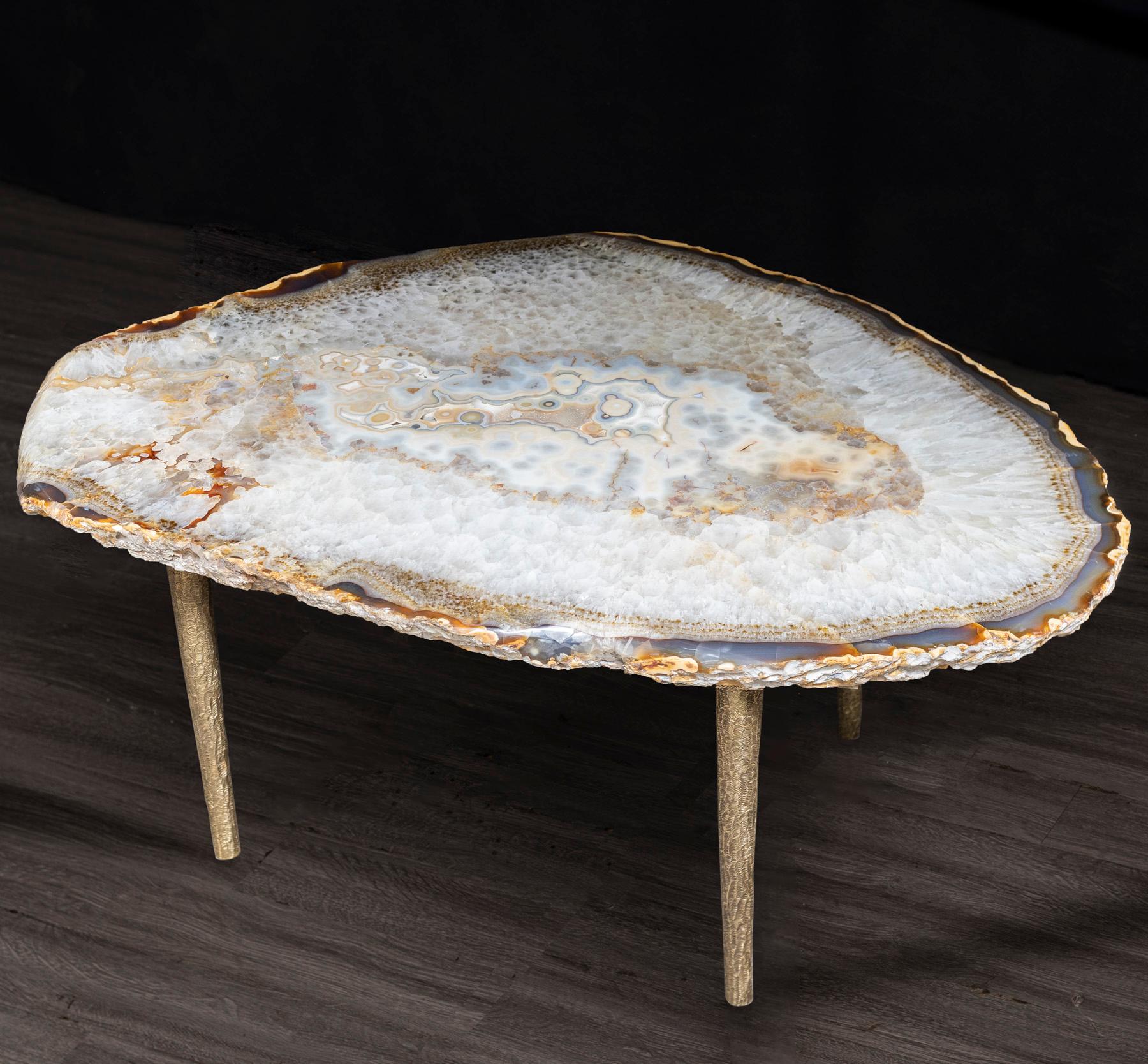 Mexican Side or Center Table, Brazilian Agate with Solid Bronze Base For Sale