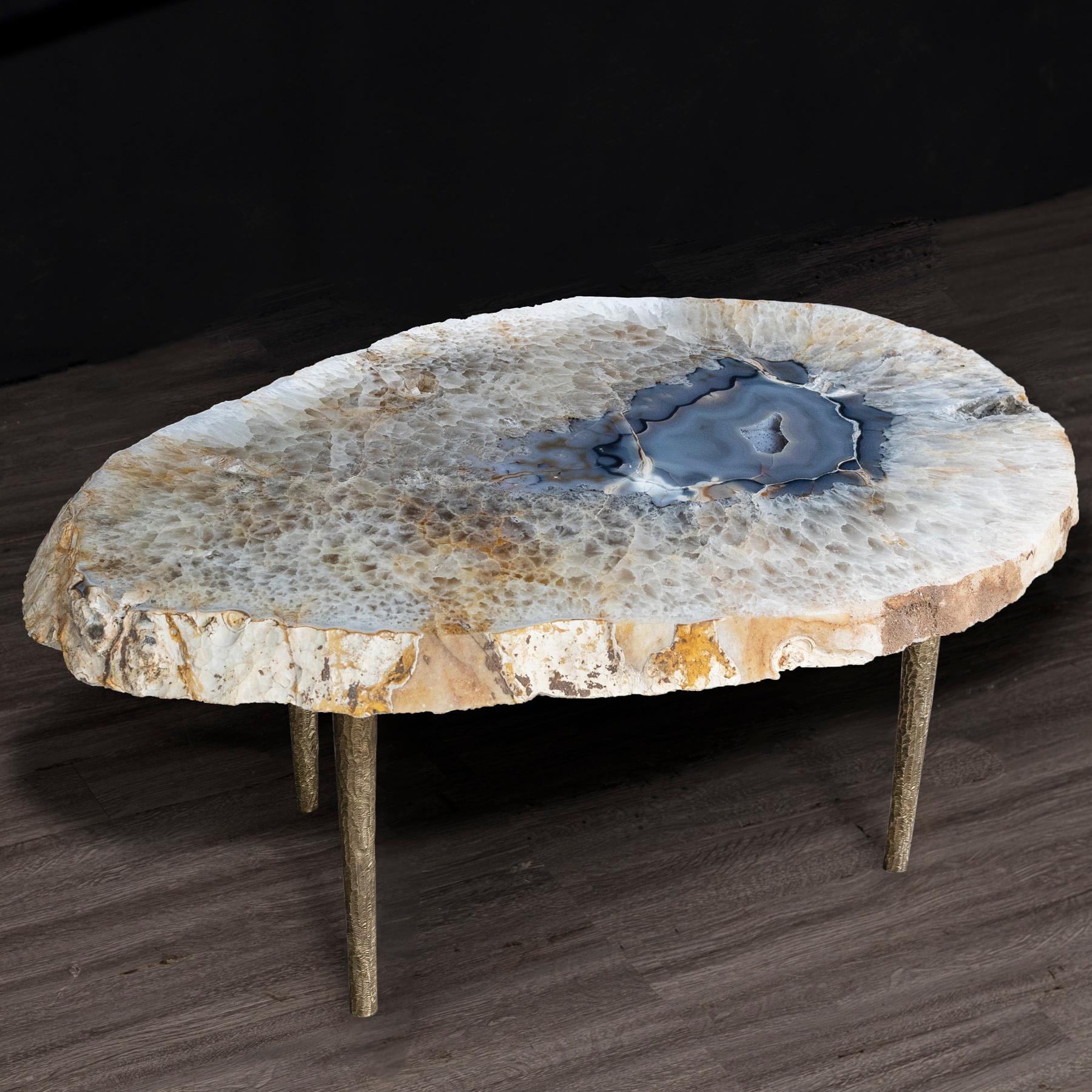 Mexican Side or Center Table, Brazilian Agate with Solid Bronze Base For Sale
