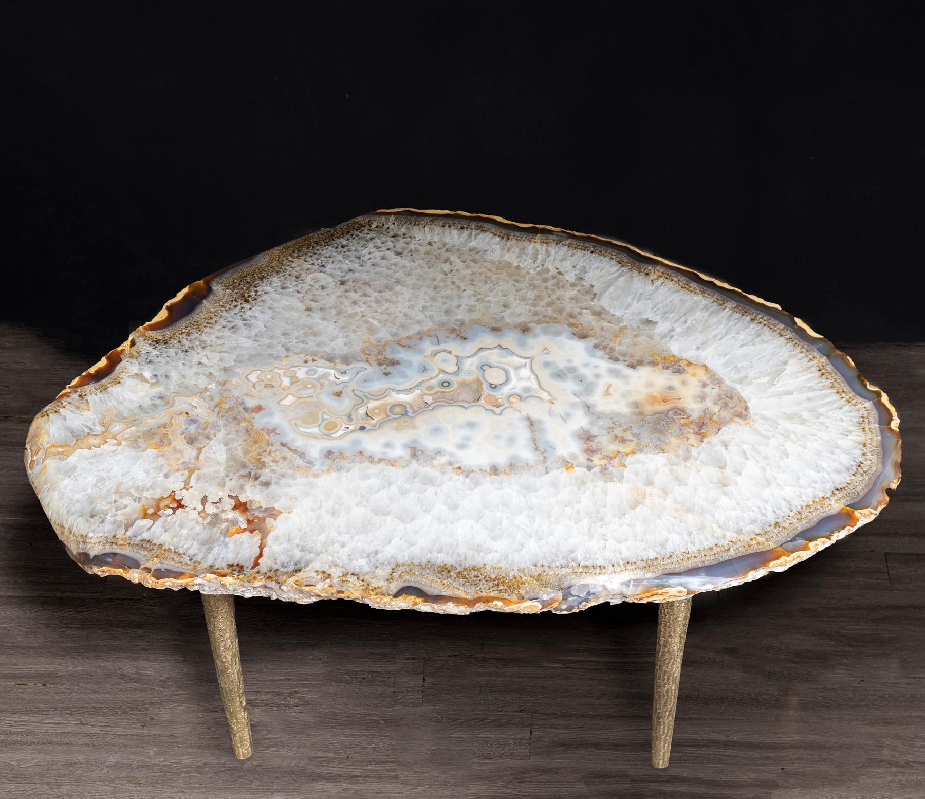 Polished Side or Center Table, Brazilian Agate with Solid Bronze Base For Sale