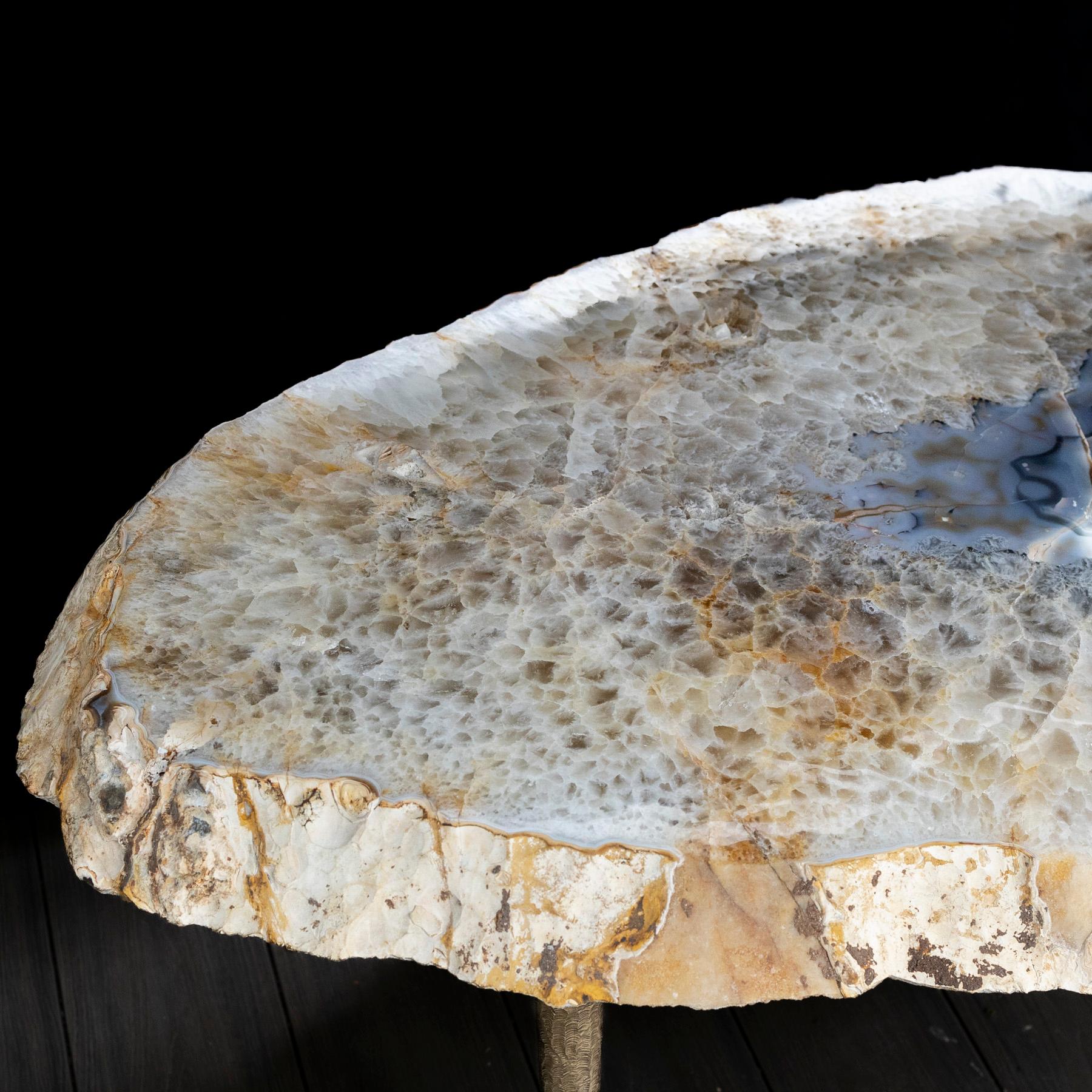 Contemporary Side or Center Table, Brazilian Agate with Solid Bronze Base For Sale