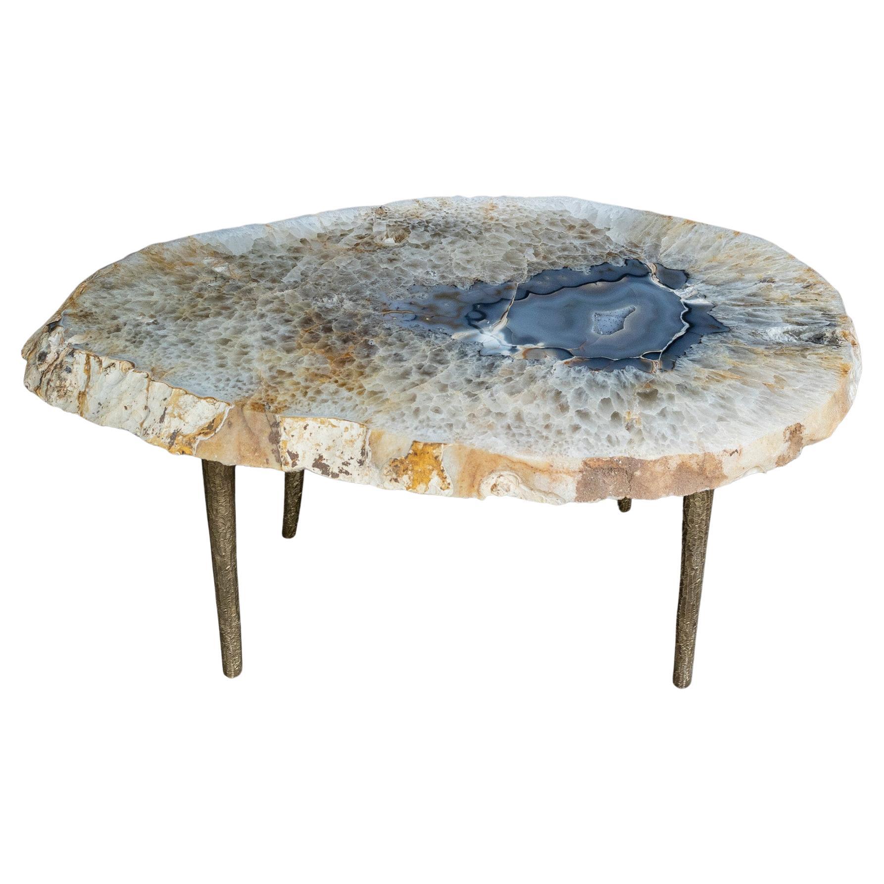 Side or Center Table, Brazilian Agate with Solid Bronze Base For Sale