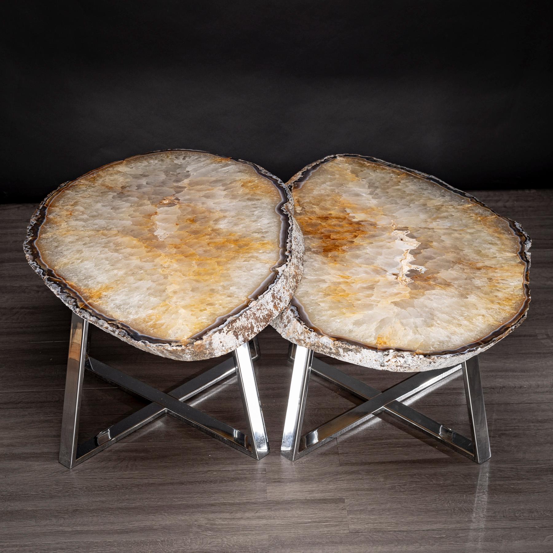 This agate slab forming a side table or cocktail table, is from Brazil and has a combination of colors with hints of grey and white. Agates are formed in rounded nodules, which are sliced open to bring out the internal pattern hidden in the stone.