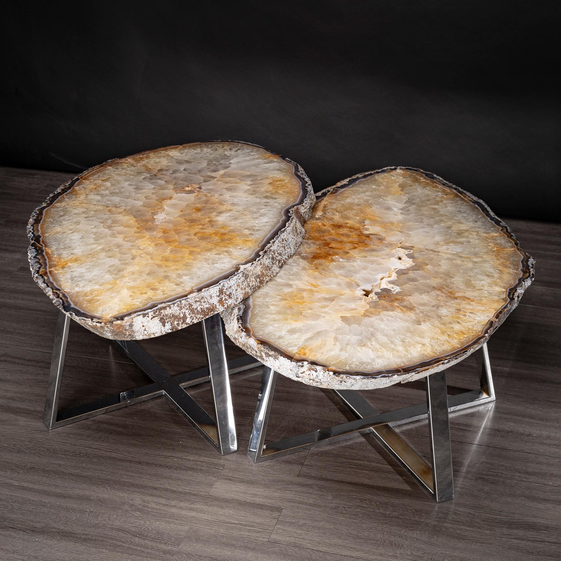 Organic Modern Side or Center Table, Pair of Brazilian Agates with Nickel Finish Metal Base