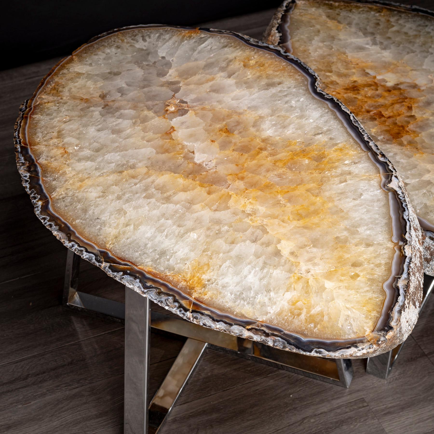 Mexican Side or Center Table, Pair of Brazilian Agates with Nickel Finish Metal Base