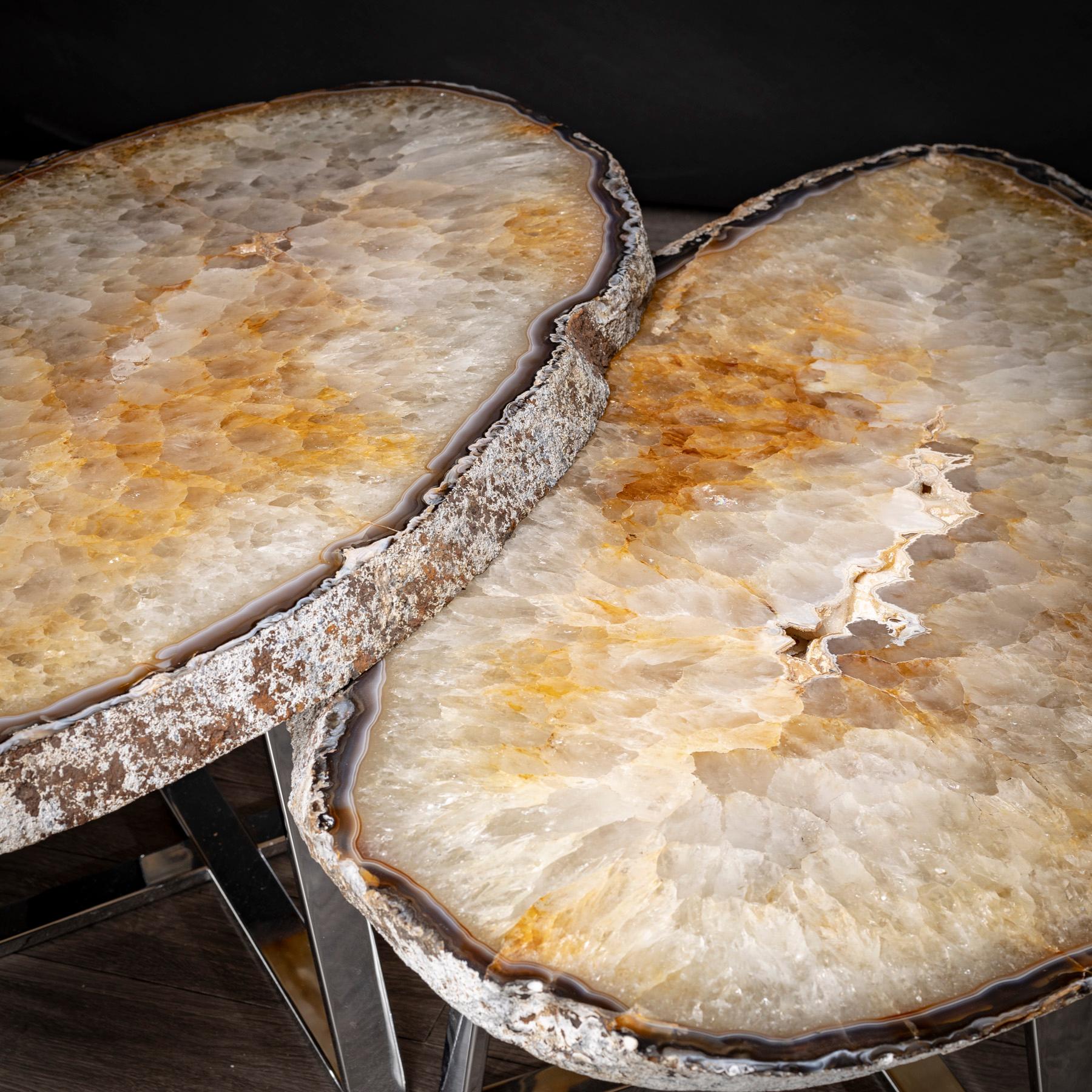 Polished Side or Center Table, Pair of Brazilian Agates with Nickel Finish Metal Base