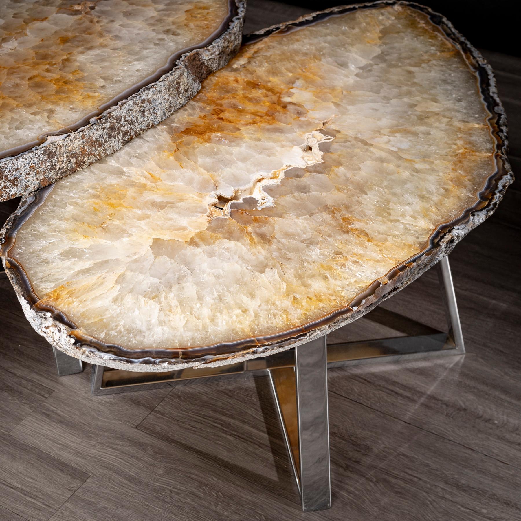 Side or Center Table, Pair of Brazilian Agates with Nickel Finish Metal Base In New Condition In Polanco, CDMX