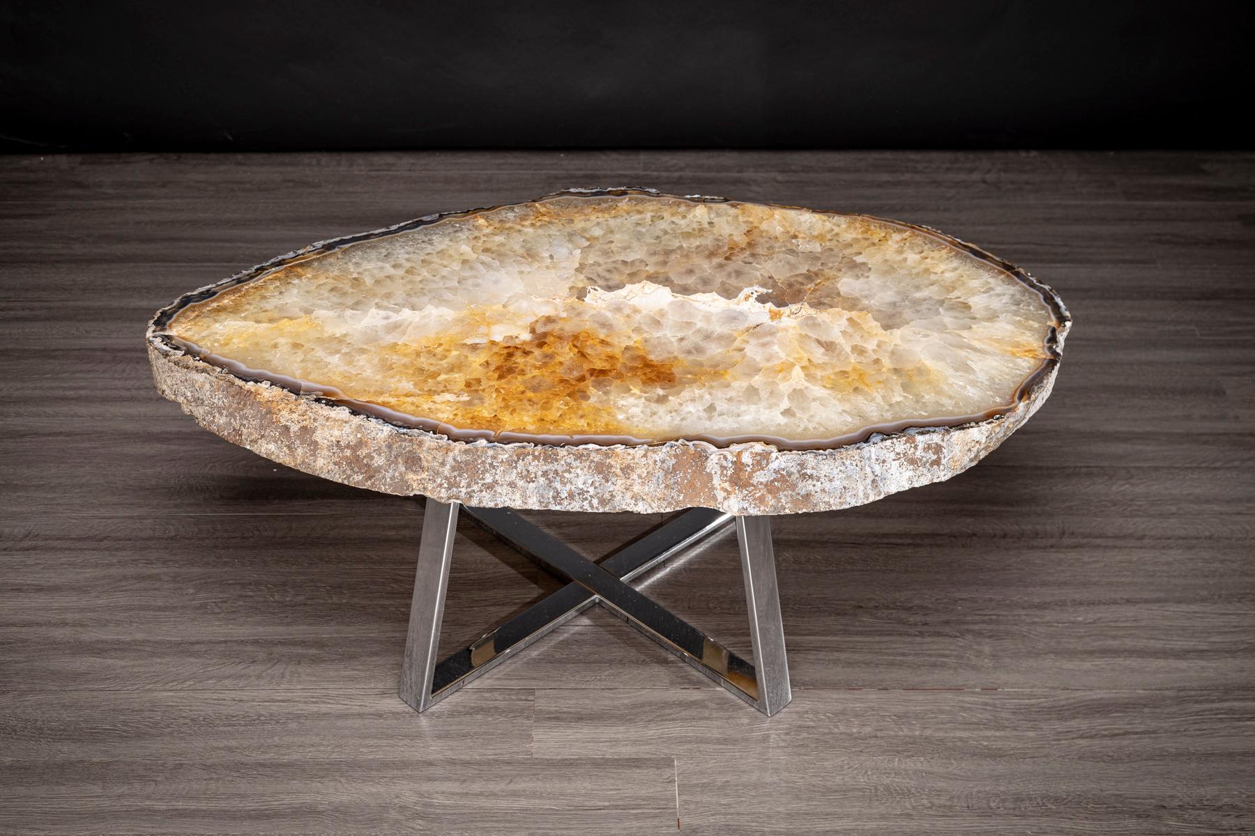 Contemporary Side or Center Table, Pair of Brazilian Agates with Nickel Finish Metal Base