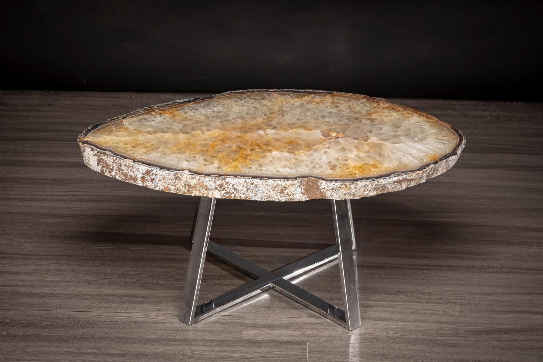 Side or Center Table, Pair of Brazilian Agates with Nickel Finish Metal Base 1