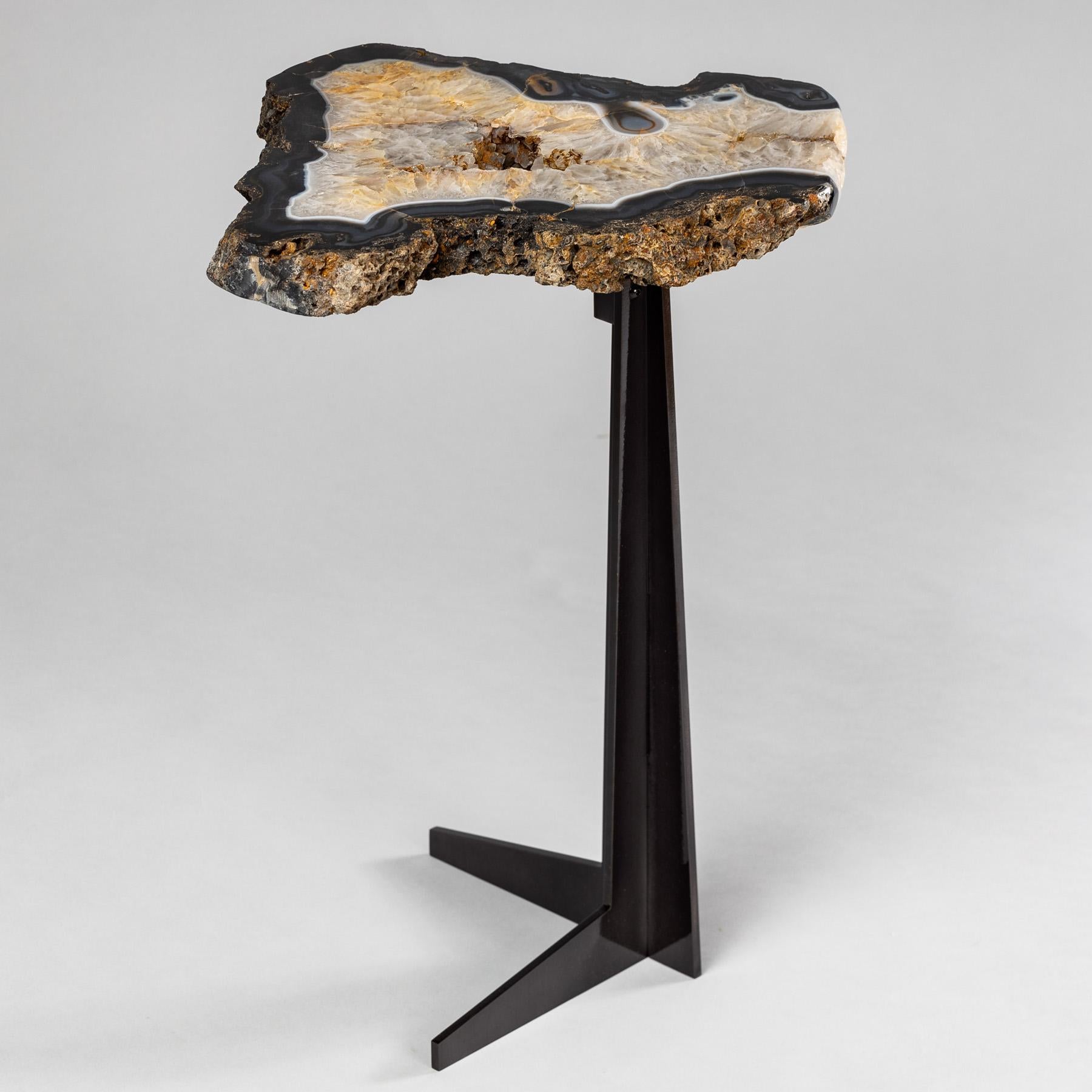 Organic Modern Side or Cocktail Table, Brazilian Agate with Black Color Metal Base