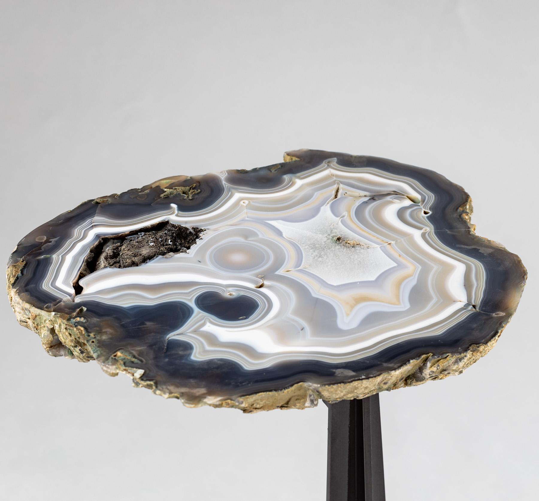 Polished Side or Cocktail Table, Brazilian Agate with Black Color Metal Base For Sale
