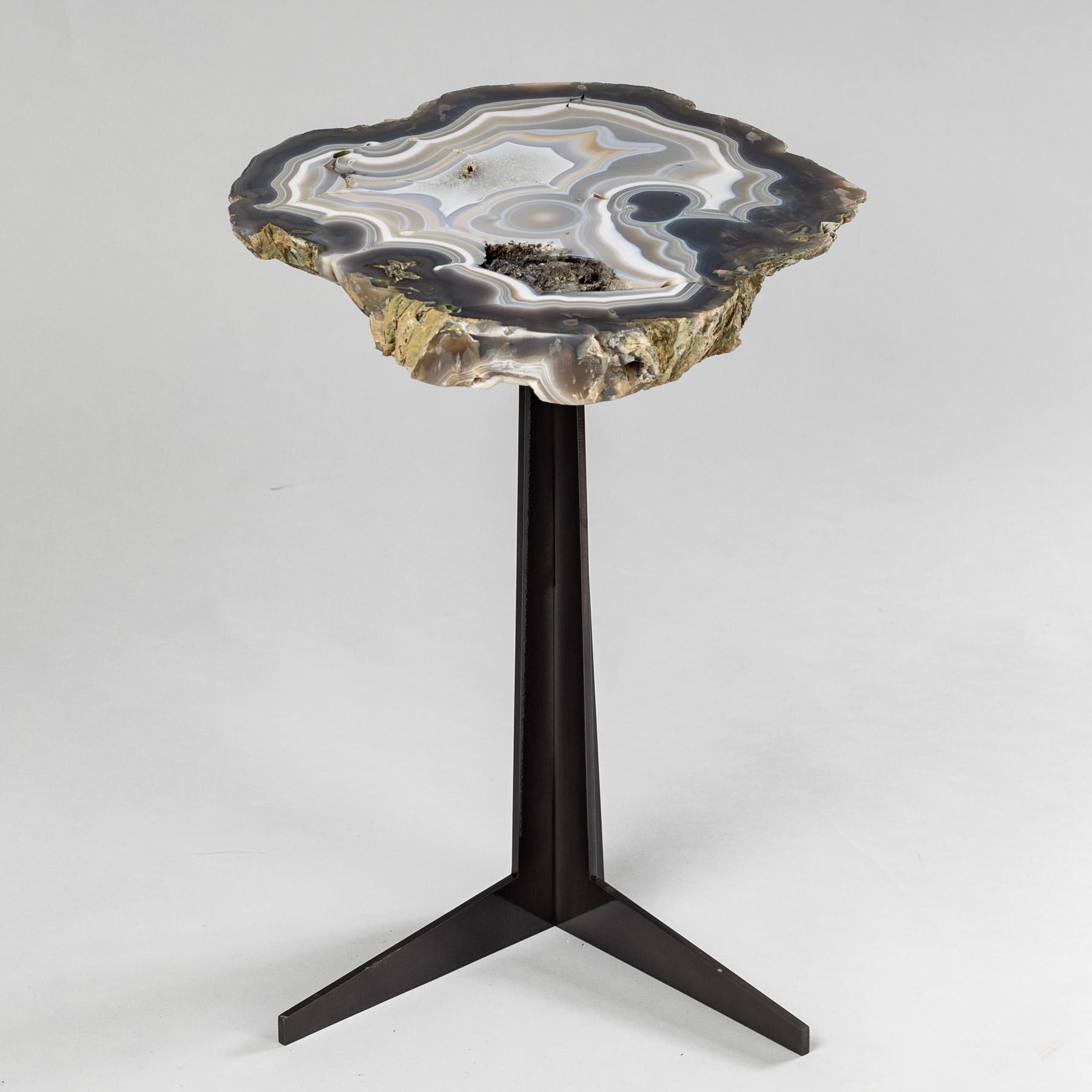 Contemporary Side or Cocktail Table, Brazilian Agate with Black Color Metal Base For Sale