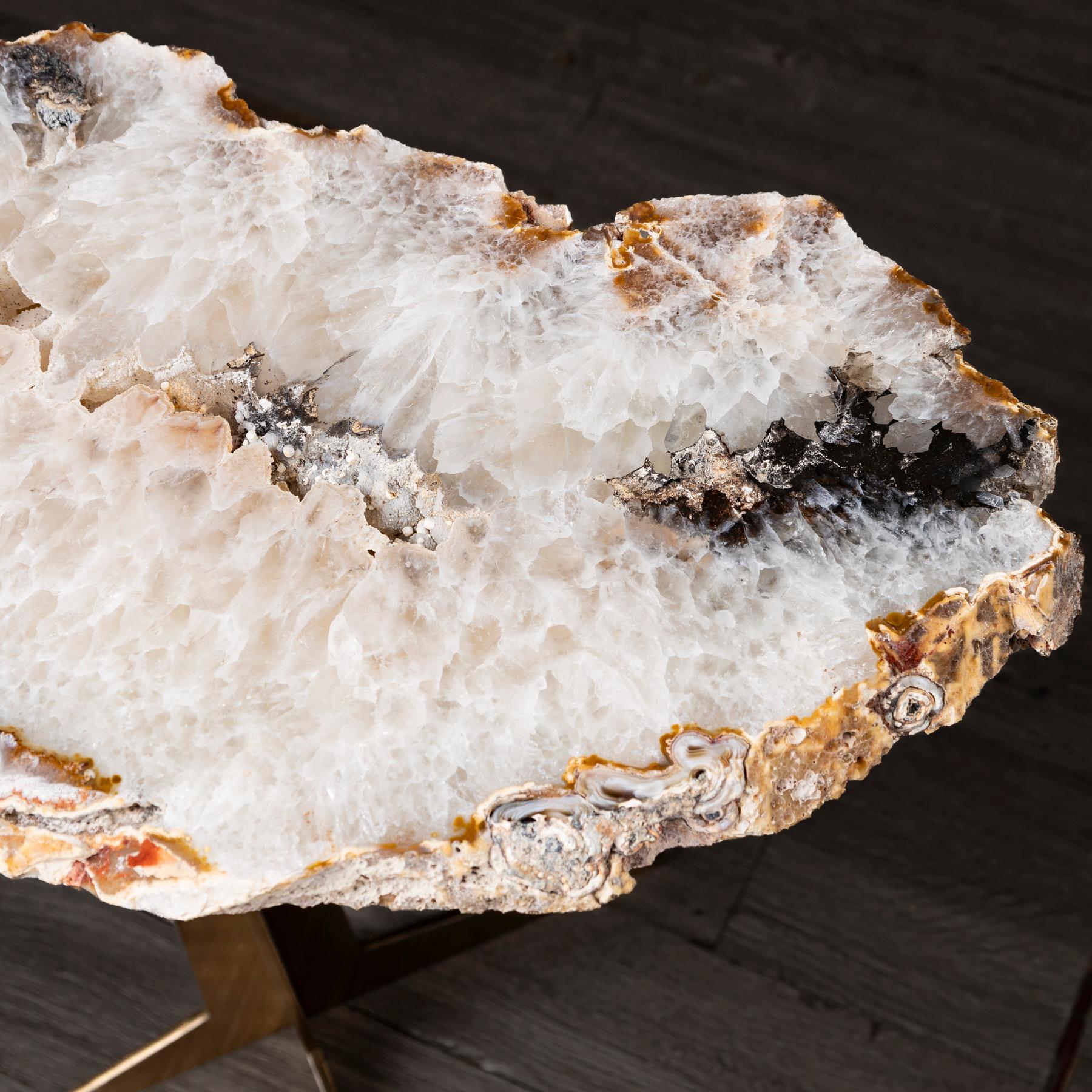 Mexican Side or Cocktail Table, Brazilian Agate with Gold Color Metal Base For Sale