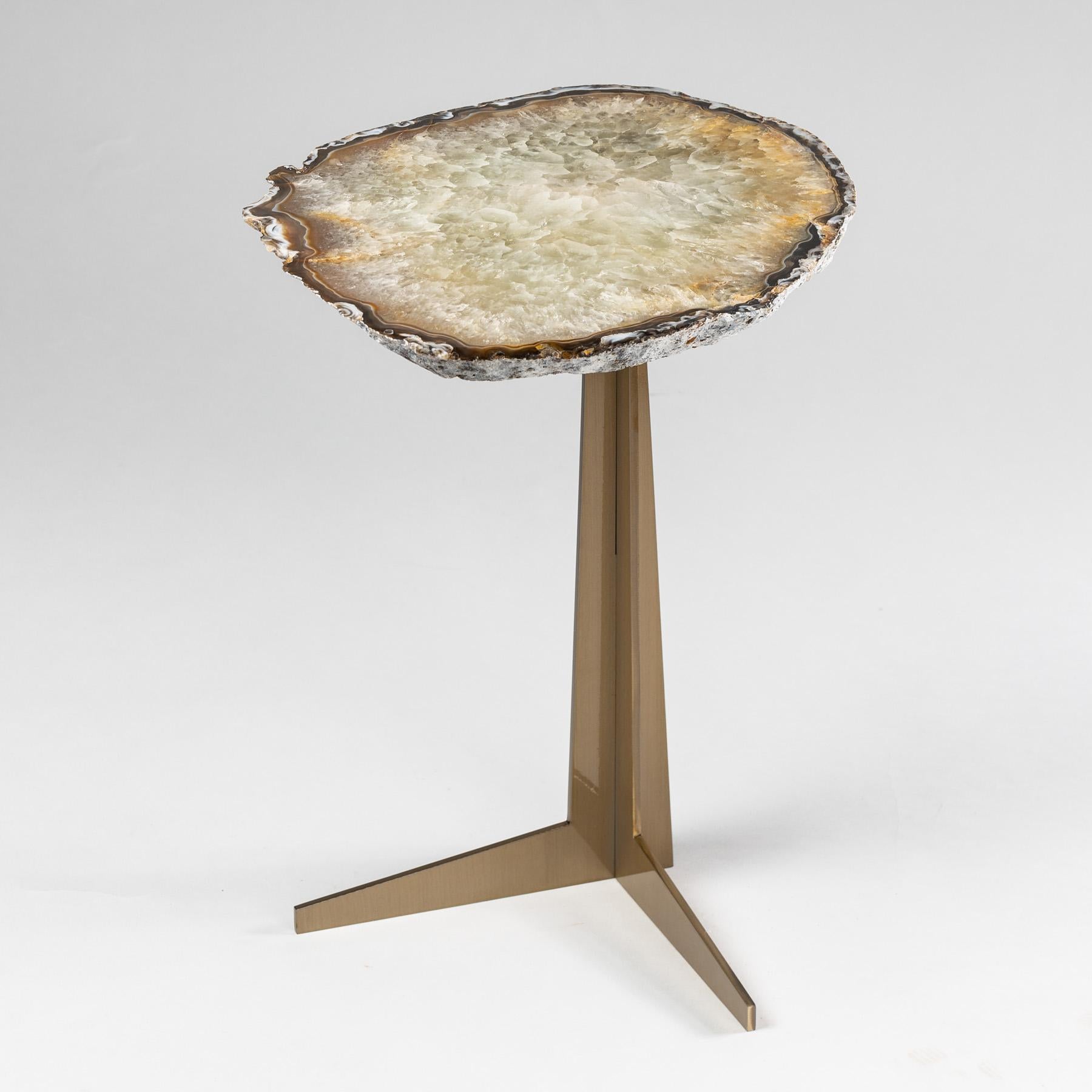 Organic Modern Side or Cocktail Table, Brazilian Agate with Gold Color Metal Base For Sale