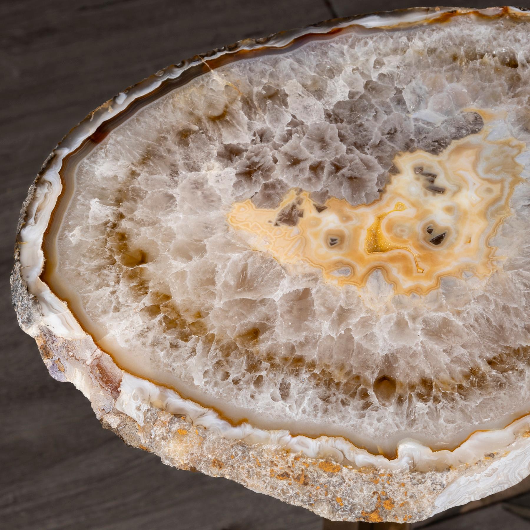 Polished Side or Cocktail Table, Brazilian Agate with Gold Color Metal Base For Sale