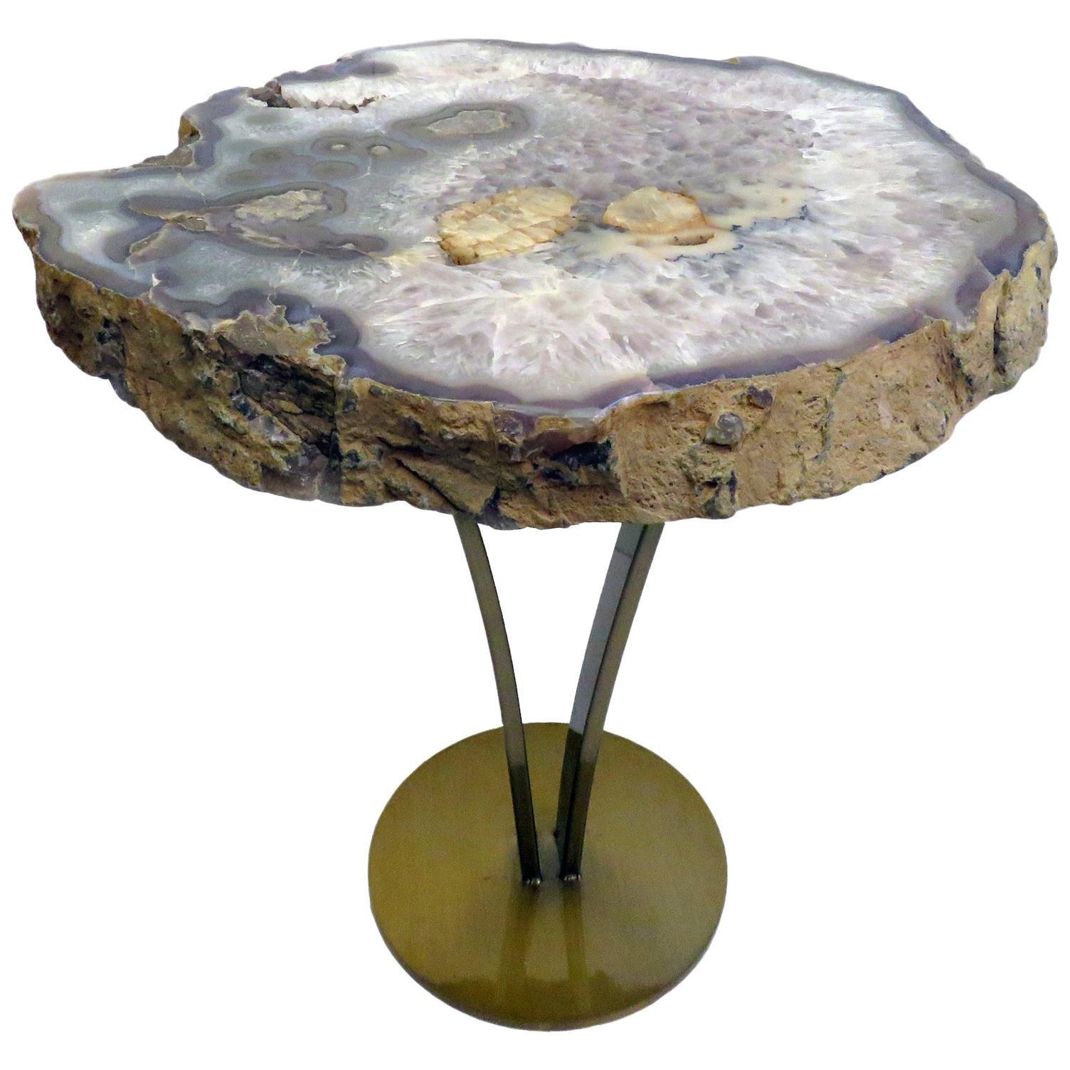 Side or Cocktail Table, Brazilian Agate with Gold Color Metal Base