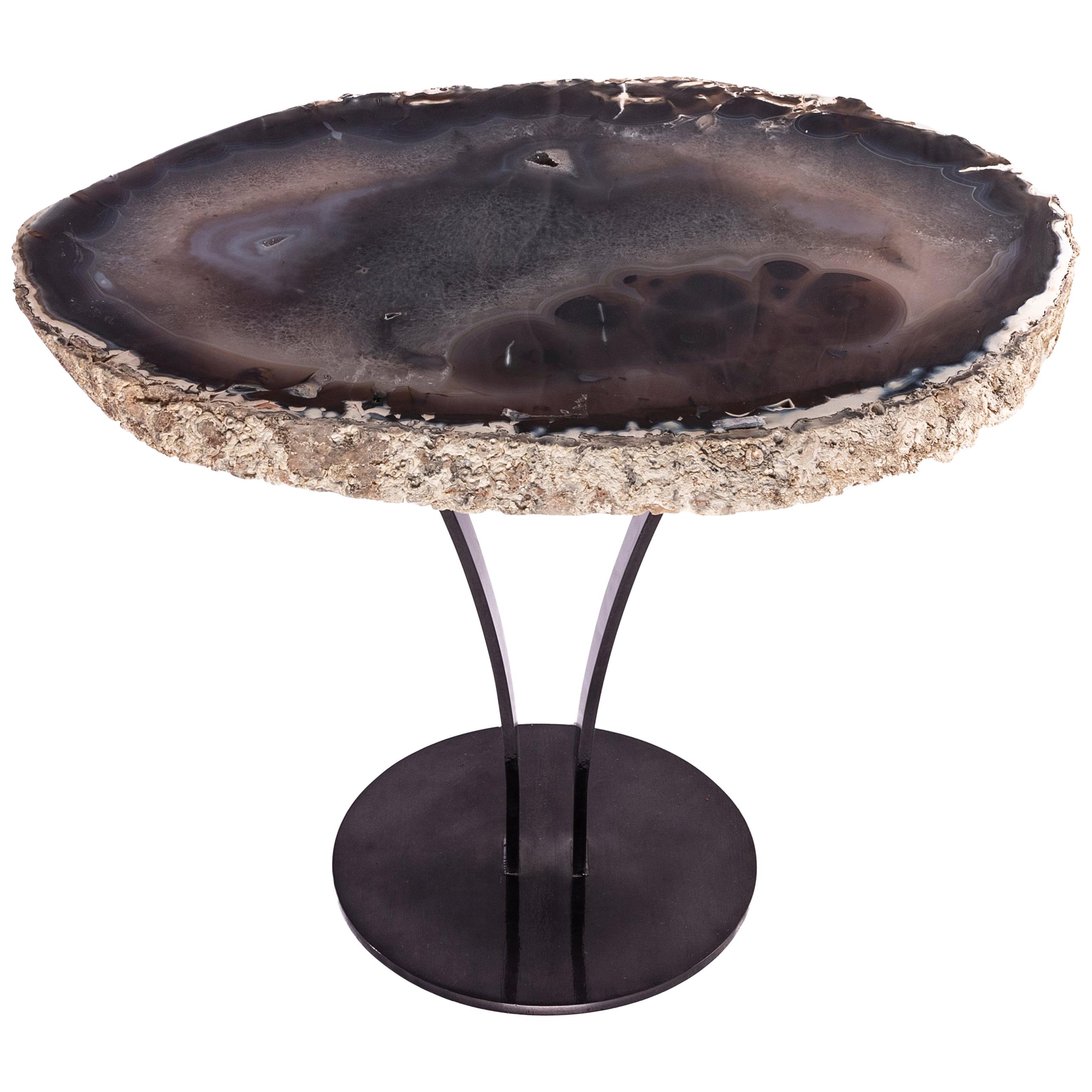 Side or Cocktail Table, Brazilian Agate with Smoke Gray Color Metal Base For Sale