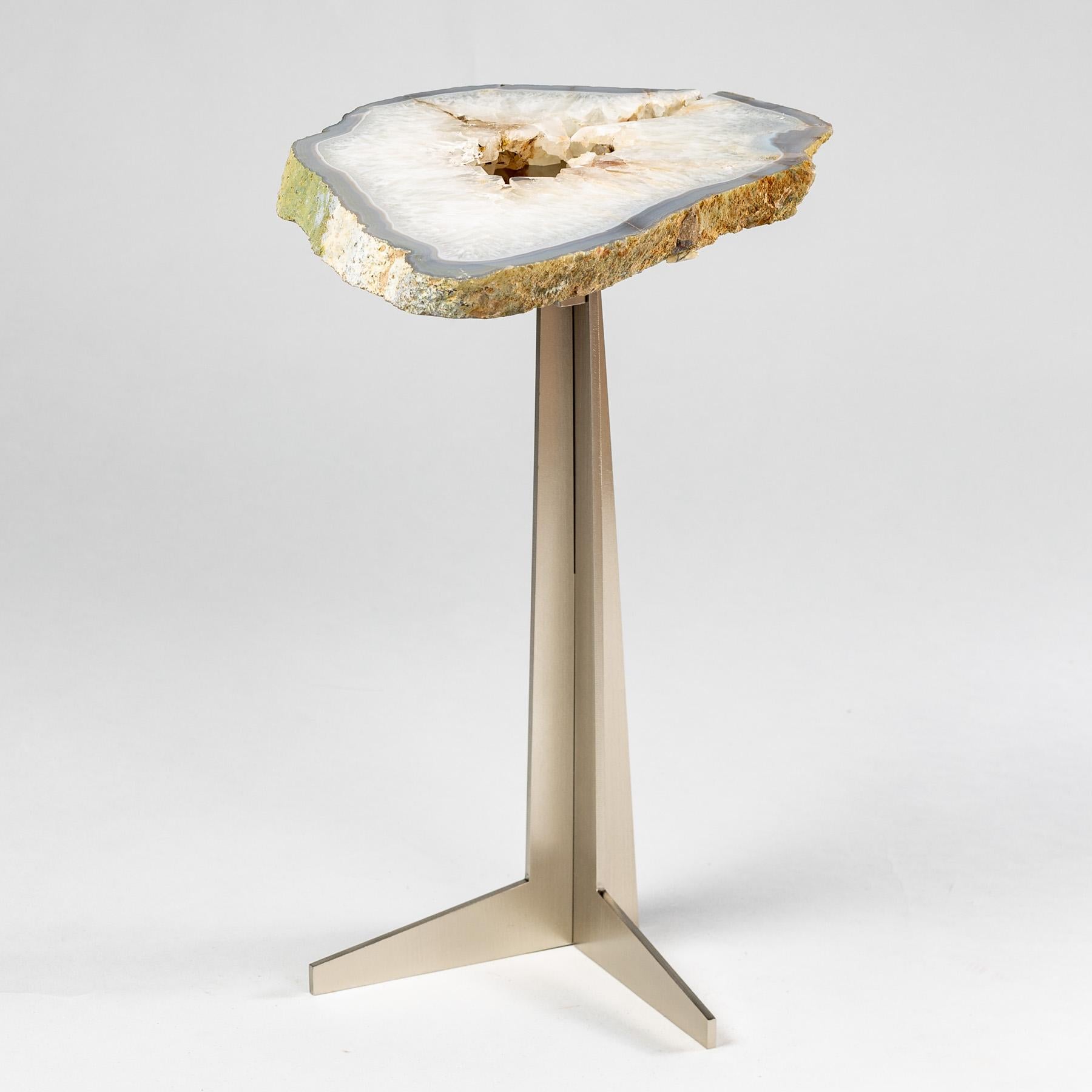 Organic Modern Side or Cocktail Table, Brazilian Agate with Stainless Steel Metal Base For Sale