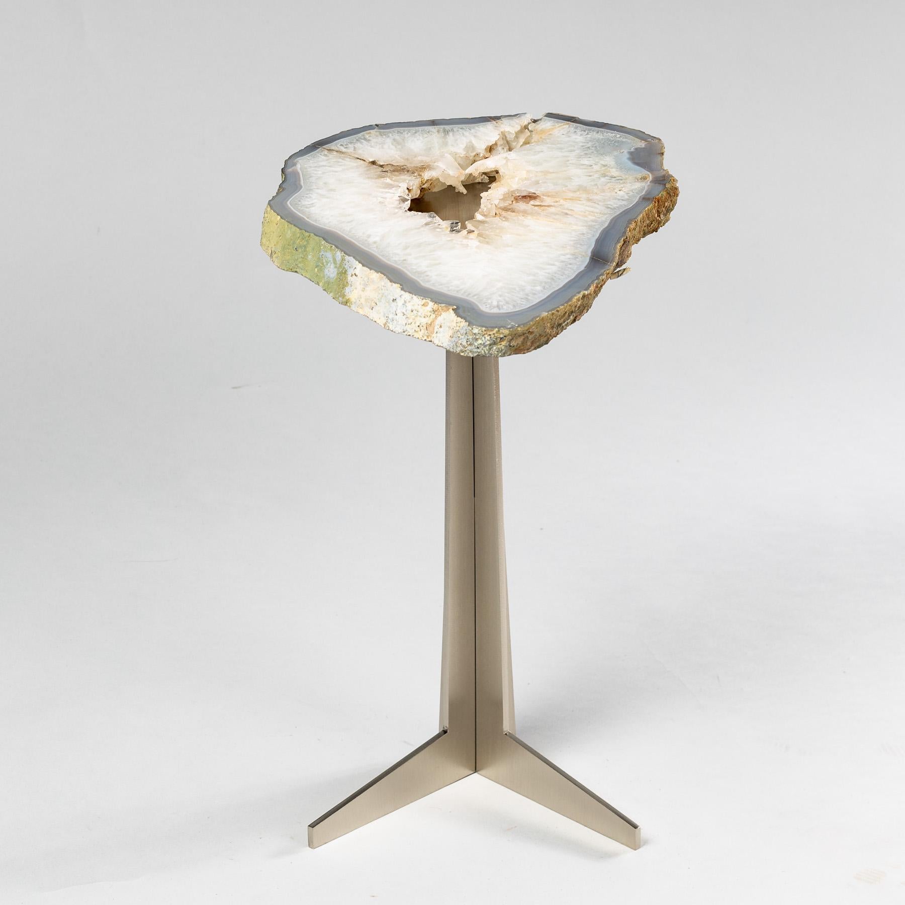 Mexican Side or Cocktail Table, Brazilian Agate with Stainless Steel Metal Base For Sale