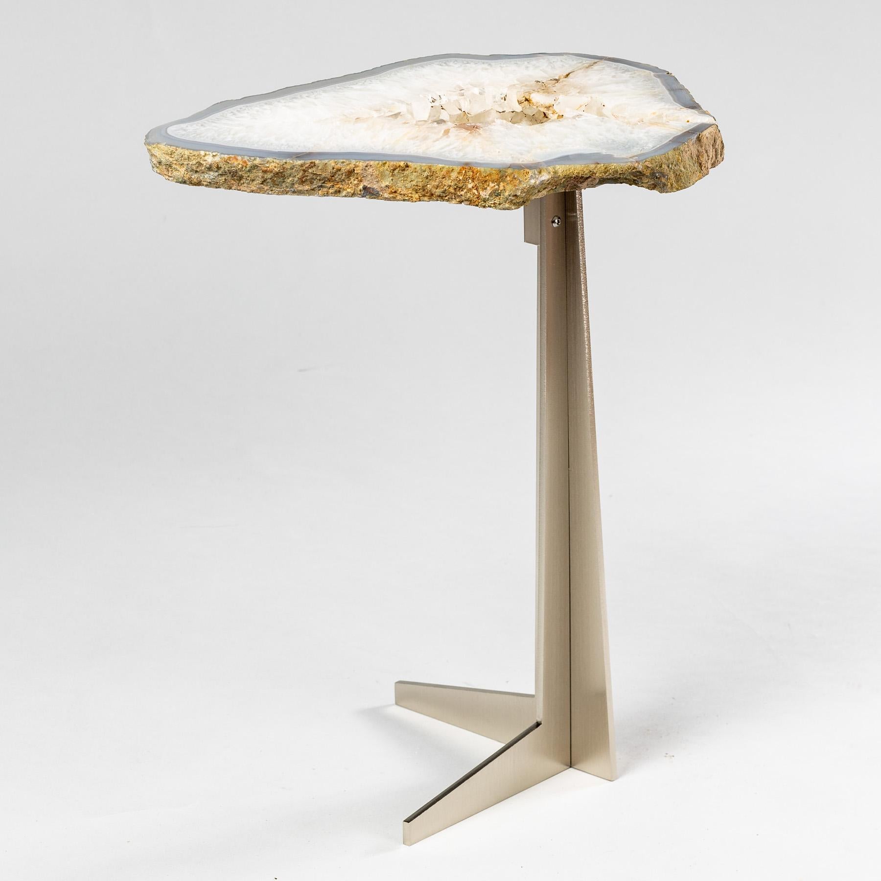 Polished Side or Cocktail Table, Brazilian Agate with Stainless Steel Metal Base For Sale