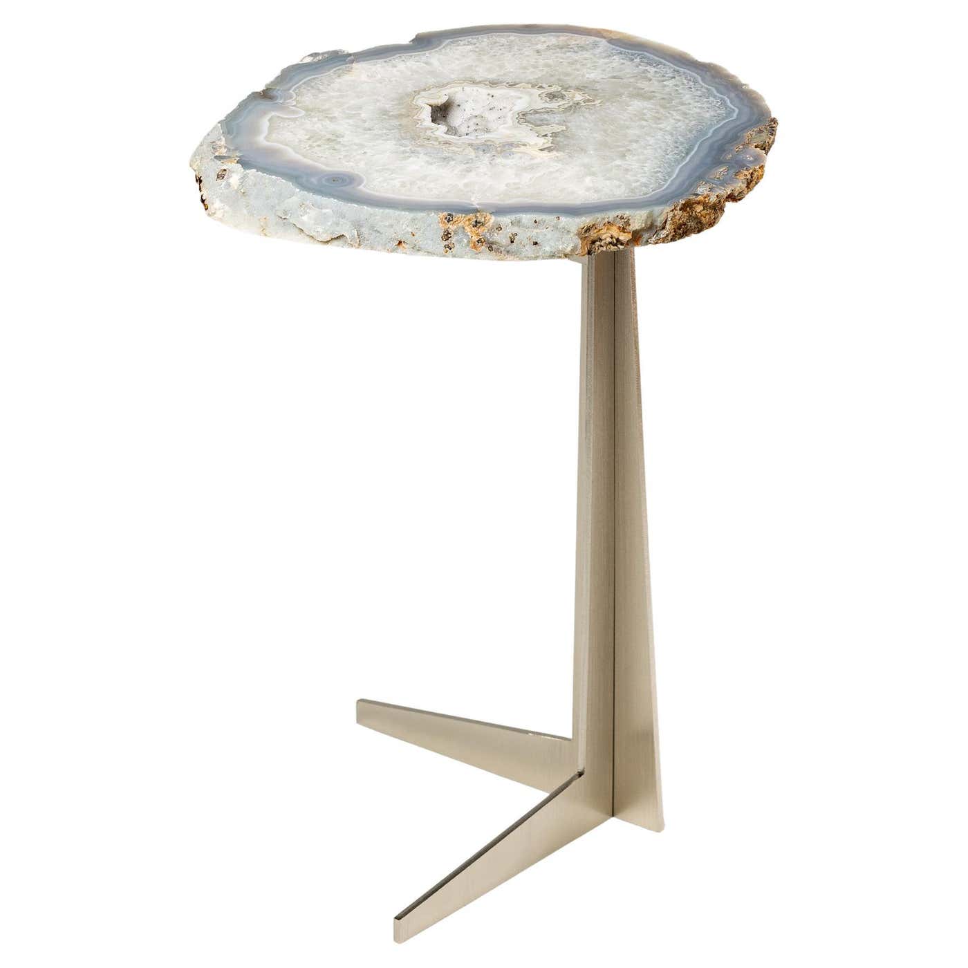 Agate Table Side or Cocktail Table, Brazilian Agate with Stainless Steel Metal Base ...