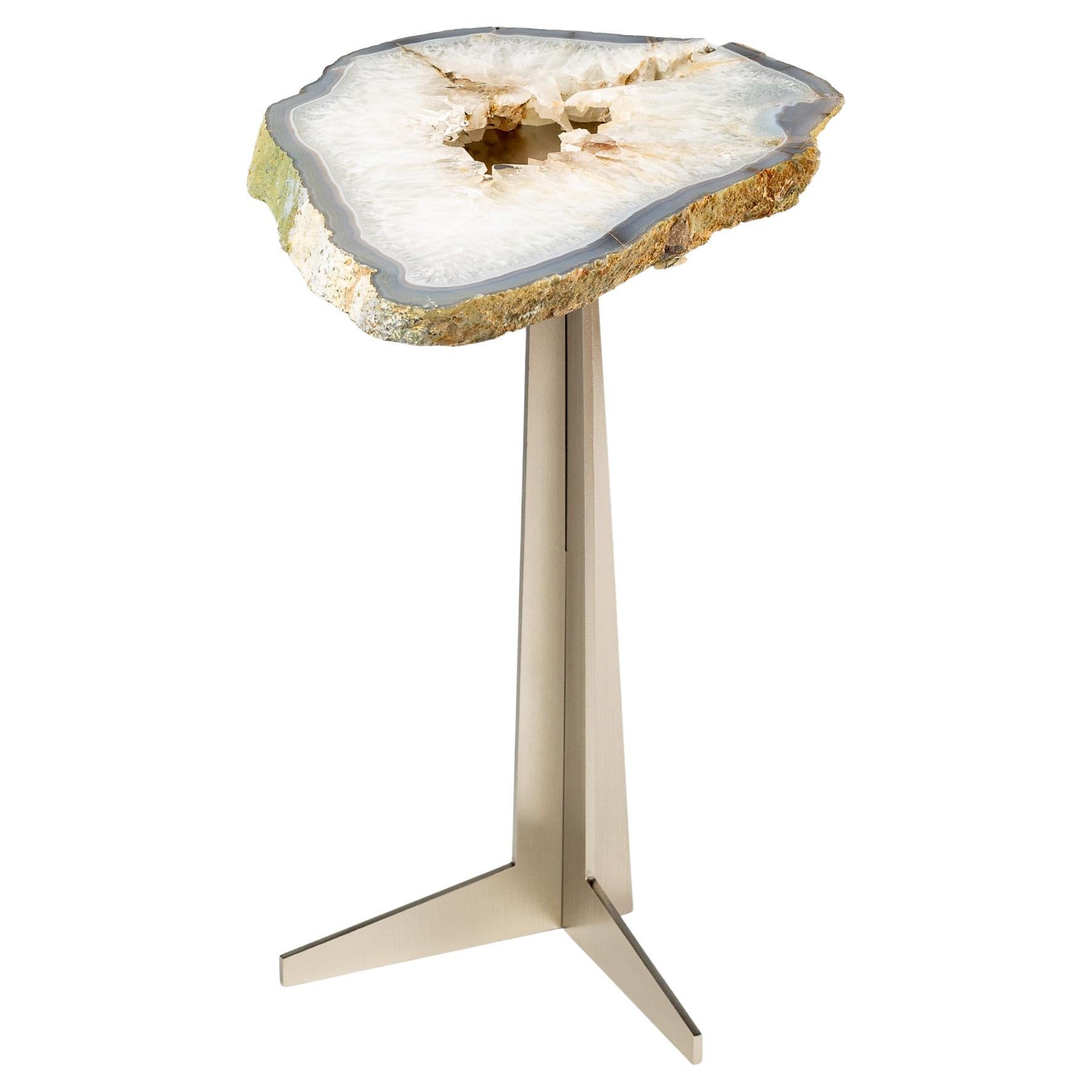 Table d'appoint ou de cocktail, agate brésilienne avec base en métal inoxydable