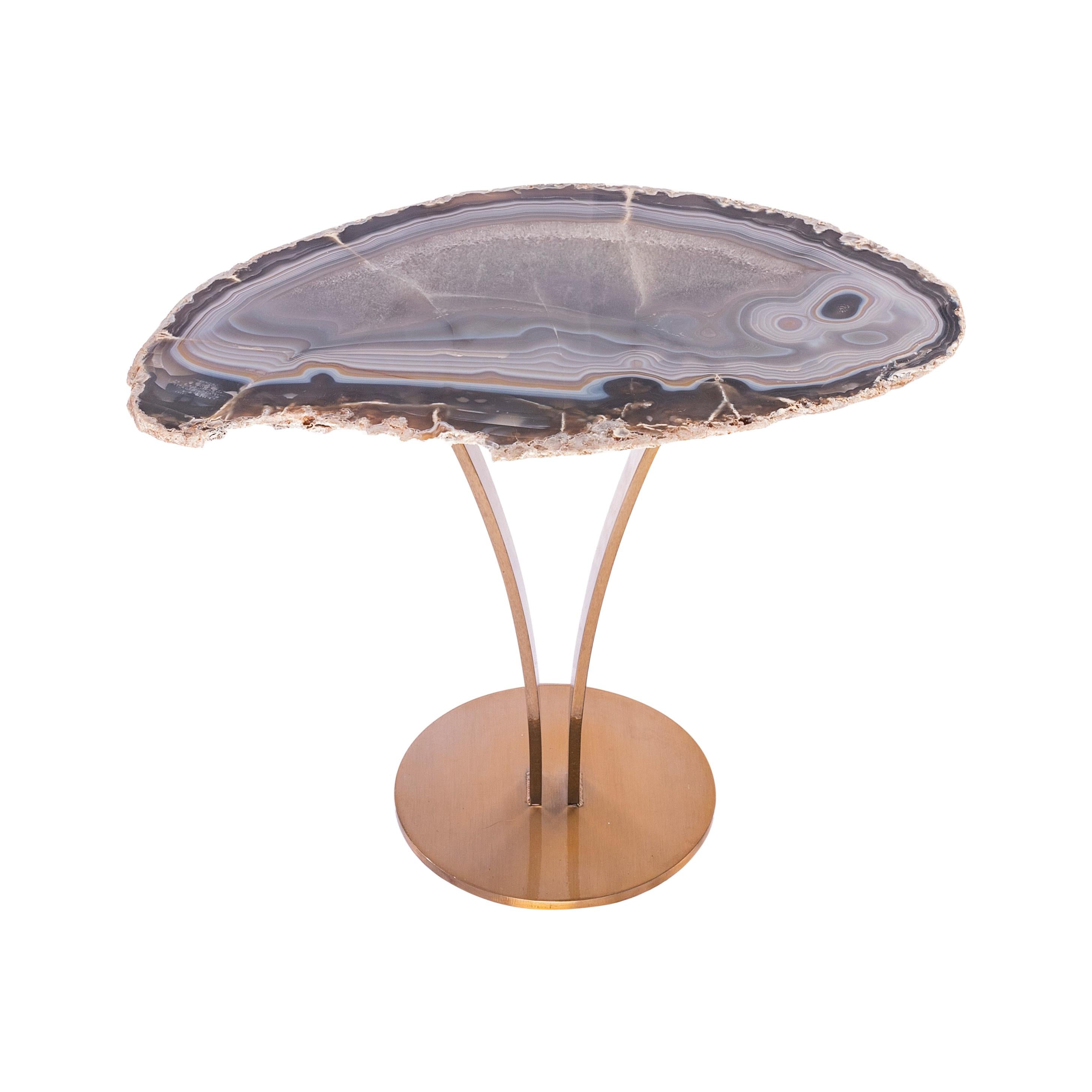 Side or Cocktail Table, Organic Shape Brazilian Agate with Gold Color Metal Base For Sale