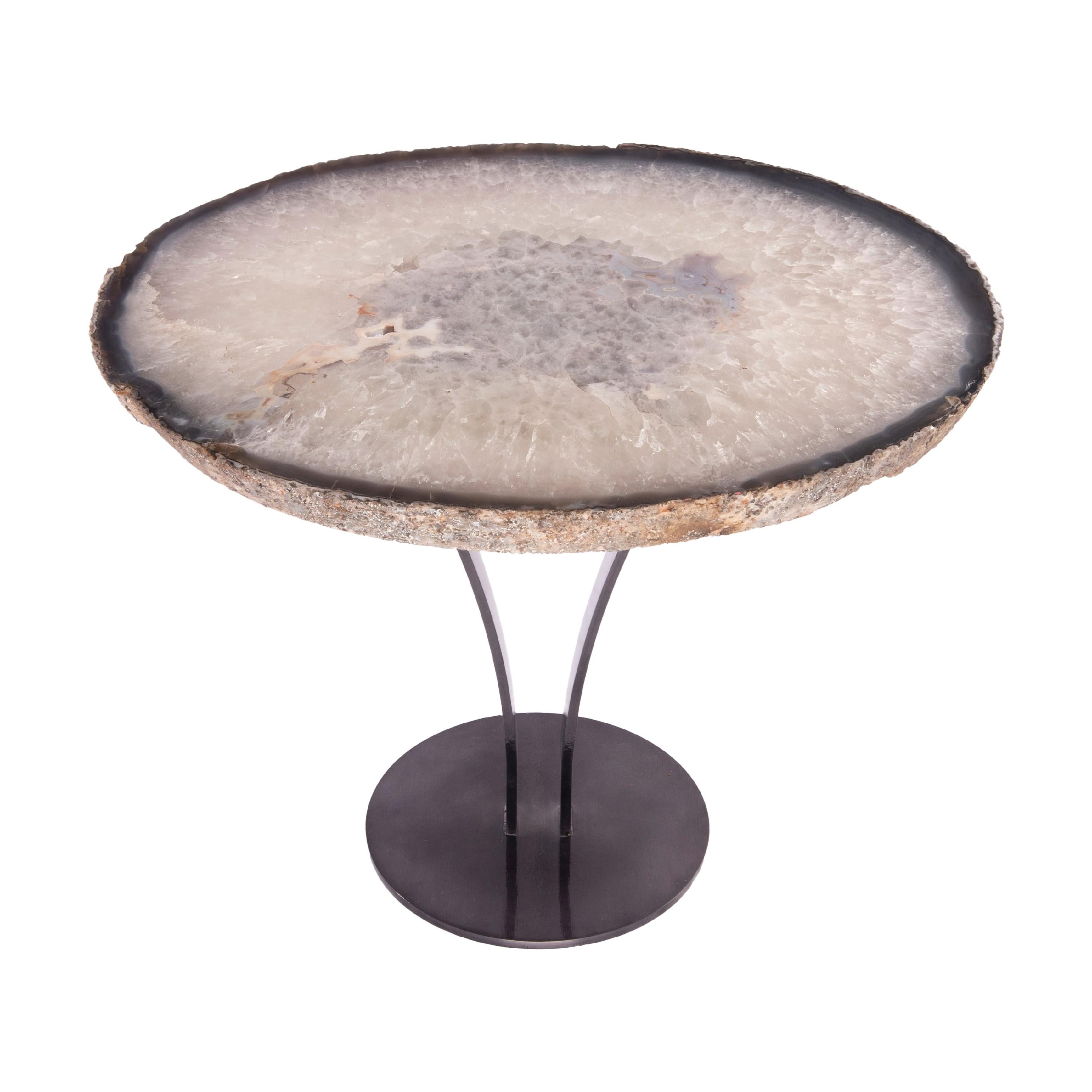 Side or Cocktail Table, Oval Brazilian Agate with Smoky Grey Color Metal Base